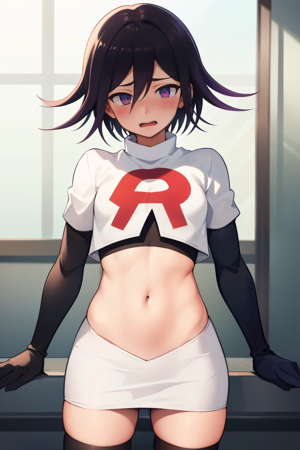 absurdres, cowboy shot, solo, male focus, trap, 1boy, crossdressing,1boy, oma kokichi, team rocket,team rocket uniform, red letter R, white skirt,white crop top,black thigh-highs,black elbow gloves, embarrassed, blush