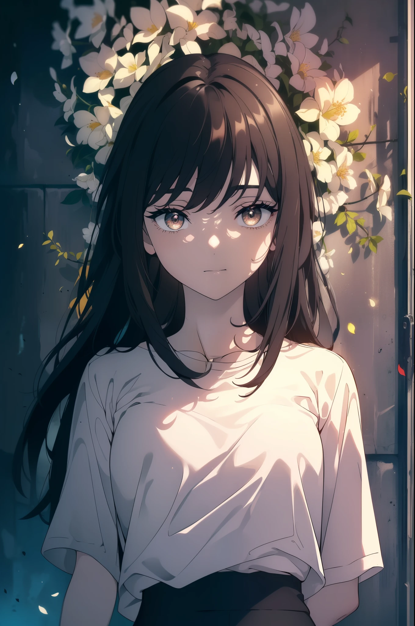 ((((Obra maestra, La mejor calidad, ultrahigh resolution)))), 1girl, standing, ((baggy white t-shirt, loose fitting blue shorts, black hair, dark black hair)), long hair cut, pale skin, ((brown eyes)), glowing_eyes, neon eyes, (ultra detailed eyes:0.7, beautiful and detailed face, detailed eyes:0.9), ((centered)), smile, ((wide shot)), facing viewer, (((vibrant background of outside, flowers, bright lighting, summer, sunlight))), flat chested, looking at viewer, ((perfect hands)), ((head:1, hips, elbows, arms, in view)), ((hands behind back)), empty eyes, beautiful lighting, defined subject, 25 years old, ((cool looking))