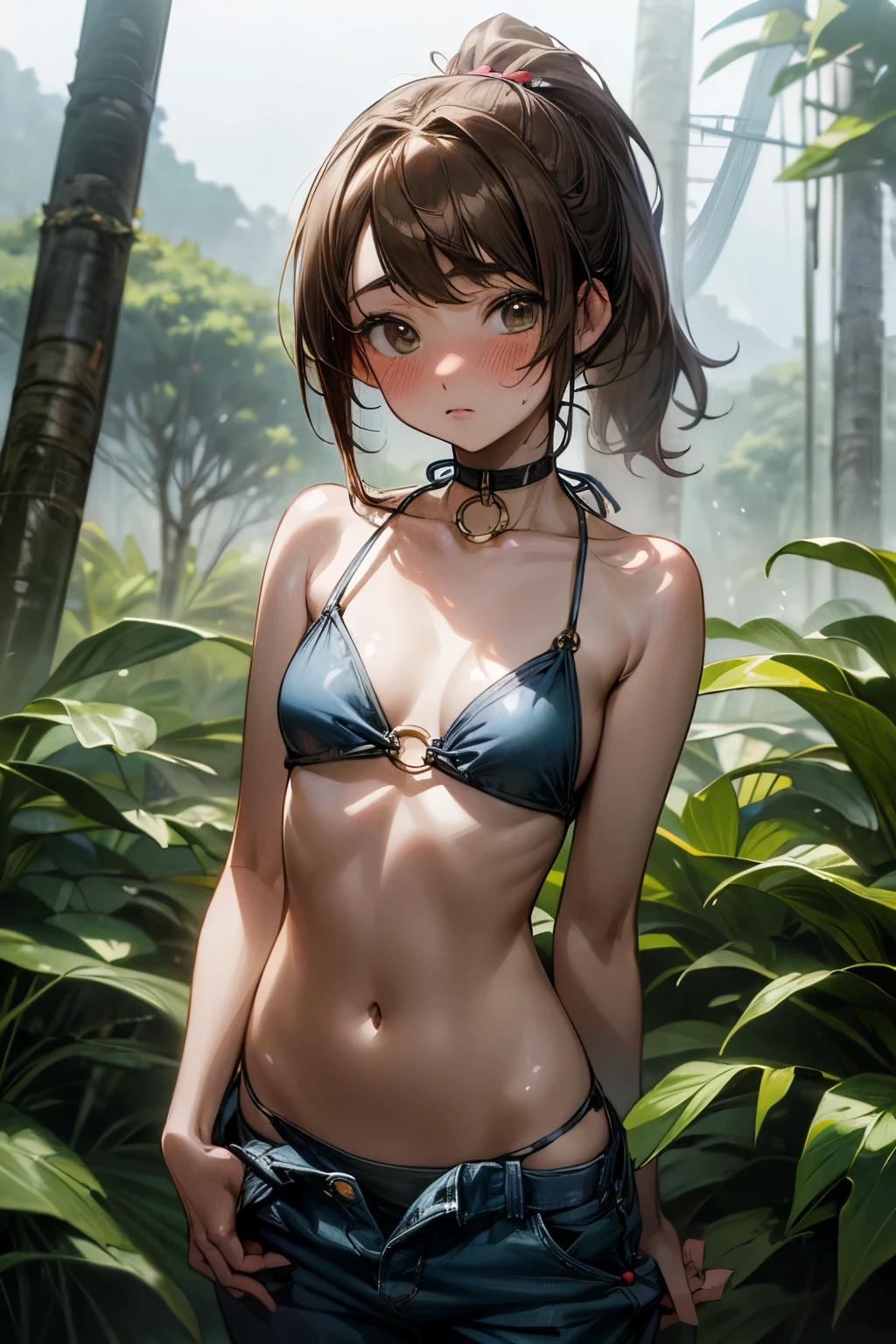 ((Masterpiece)), ((best quality)), (Anime:1.5), (RAW photo:1.2),(High Definition:1.3), (Professional Photography:1.2), (()), 1girl, (Very shy and blush), (Glossy lips), upper body, looking at viewer, (cheep bikini top), O-ring, (blunt and swept bangs), low ponytail, ((loose cute pants pull up)), choker, pale brown hair, small breast, cute hips, (mist effect:1.3), (in subtropical rainforest), Mountain Landscapes,