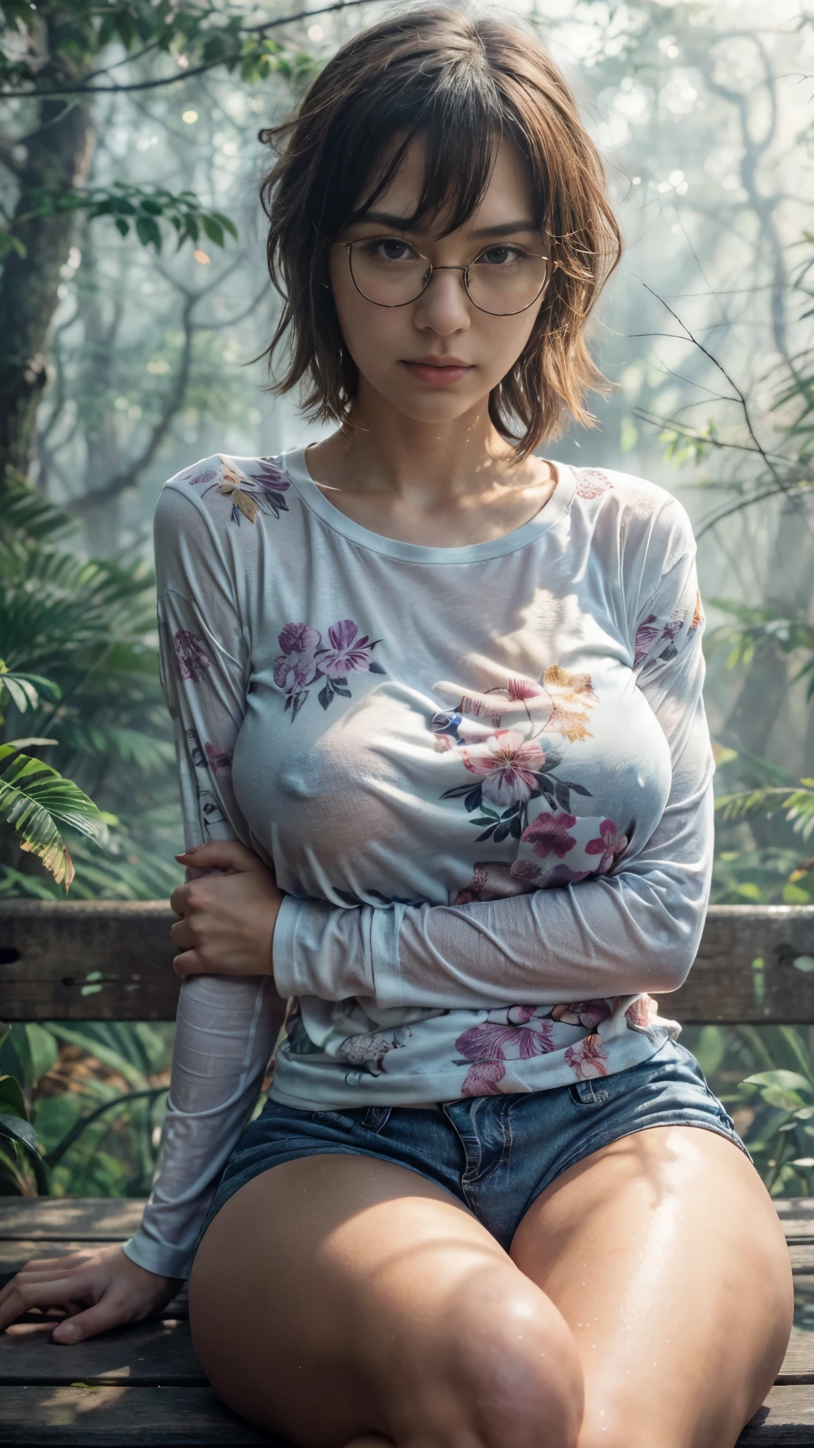 Photorealistic, (close up:1.3, exposed face), wide angle, (seen from below), a japanese young woman wearing wet (long sleeve (floral t-shirt:1.2), oversized t-shirt, hotpants), a hyperrealistic beautiful young girls with grayish blue eyes in glasses, natural sagging breast, high detailed official artwork, beautiful girls with slim fit body and busty posture, long legs, attractive young woman, (atractive sitting poses:1.3, crossed arm hold the breast up), at bench in the (natural foggy forest:1.2), natural background, rainny day, dubnitskiy david fanart, realistic portrait, smooth photorealistic, perfect visual of a cute girls, cute girls with skinice soft face, face focus, makoto shinkai and artgerm, photon mapping, natural light, warm color tones, vivid colors, cool ambient, foggy atmosphere