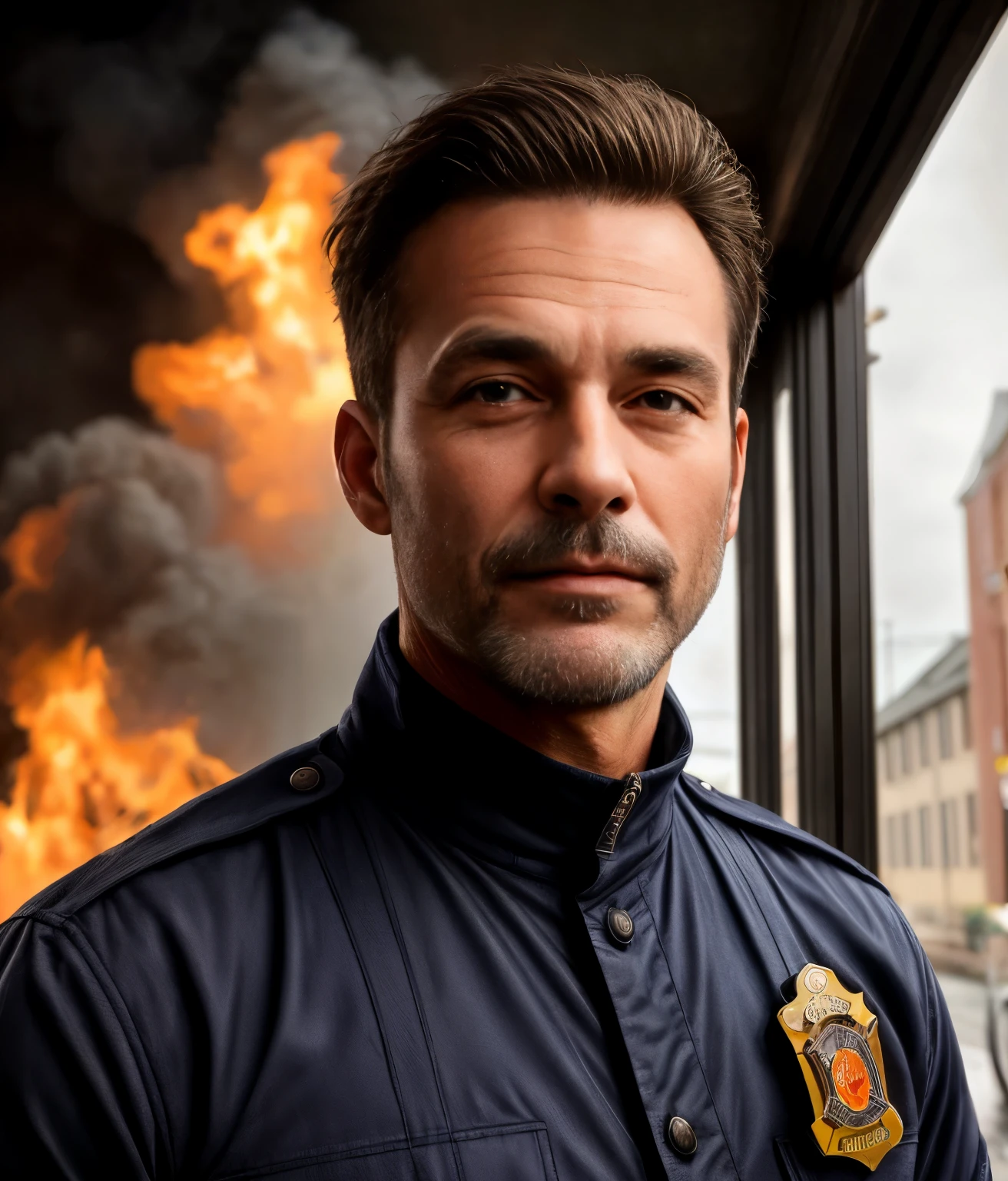 masterpiece, best quality, high resolution, closeup portrait, male focus, solo focus, A man, 50 years old, with firefighter uniform, firefighter suit, firefighter, silver grey hair, messy hairstyle, cute and seductive face, bare chest, body hair, facial hair, roman nose, scruffy, hairy abs,  skinny body, hairy legs, dimples, beard, bold jawline , in the background a fire station,  view from below, amazing composition, front view, HDR, ultra quality, elegant, highly detailed