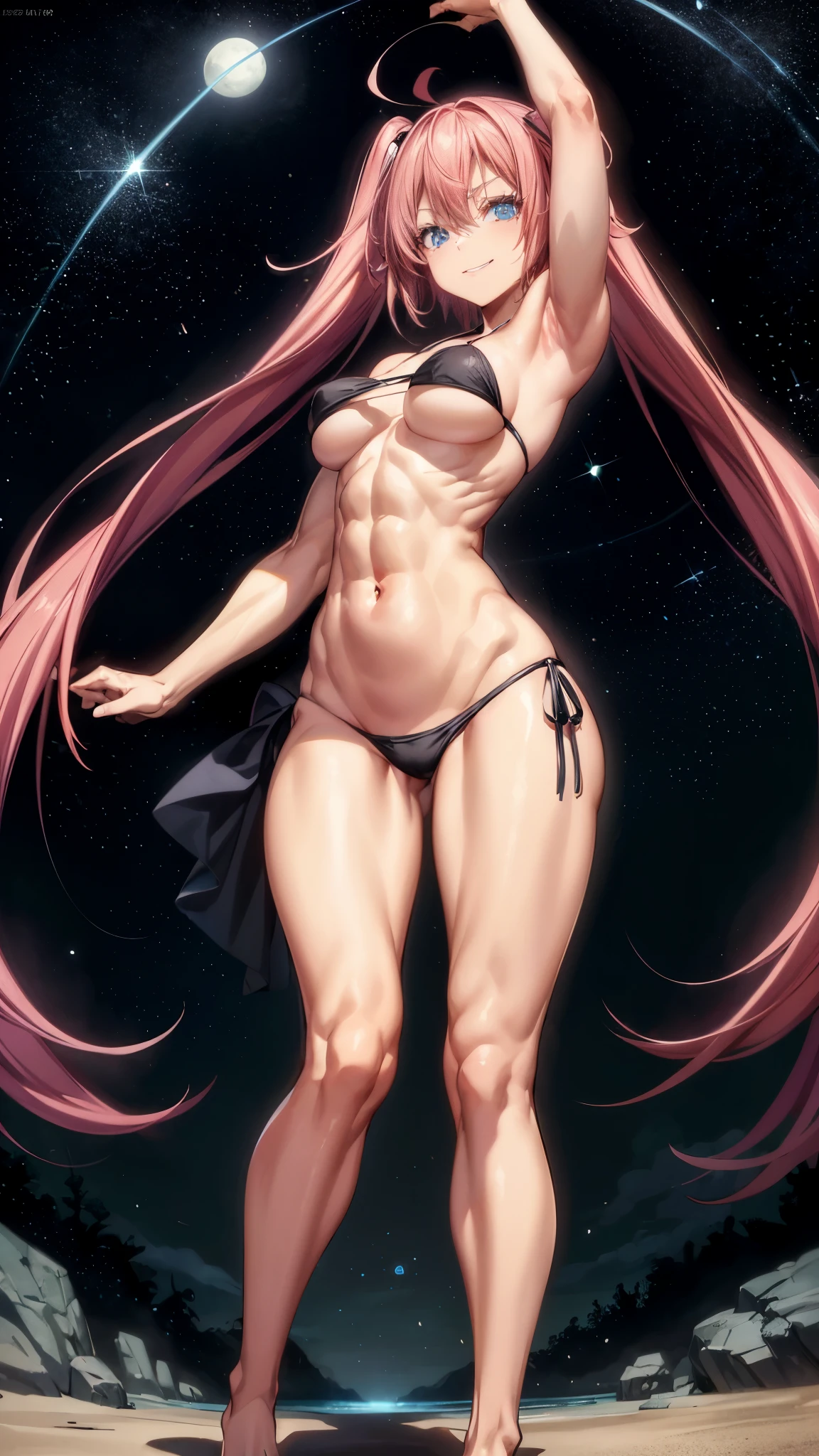 1 girl, (medium boobs))) (((big ass))), (smile), (((wearing short bikini))), (long pink hair), (((blue eyes) ))), (in beach at night with starry sky and moon full of blood), (slender), (thin waist), (butt only), legs (slim and muscular), muscular belly, barefoot, (evil look), (( (body photo full))), (standing), showing ass to the audience, (full body shot), twintails, glowing eyes, eye reflection, Bad mood, anime, Anime Style, ray tracing, glare, drop shadow, panorama, Sony FE, 8k, High definition, artwork, Accurate, Anatomically Correct, super detail, Best quality, high resolution, high definition, 16k