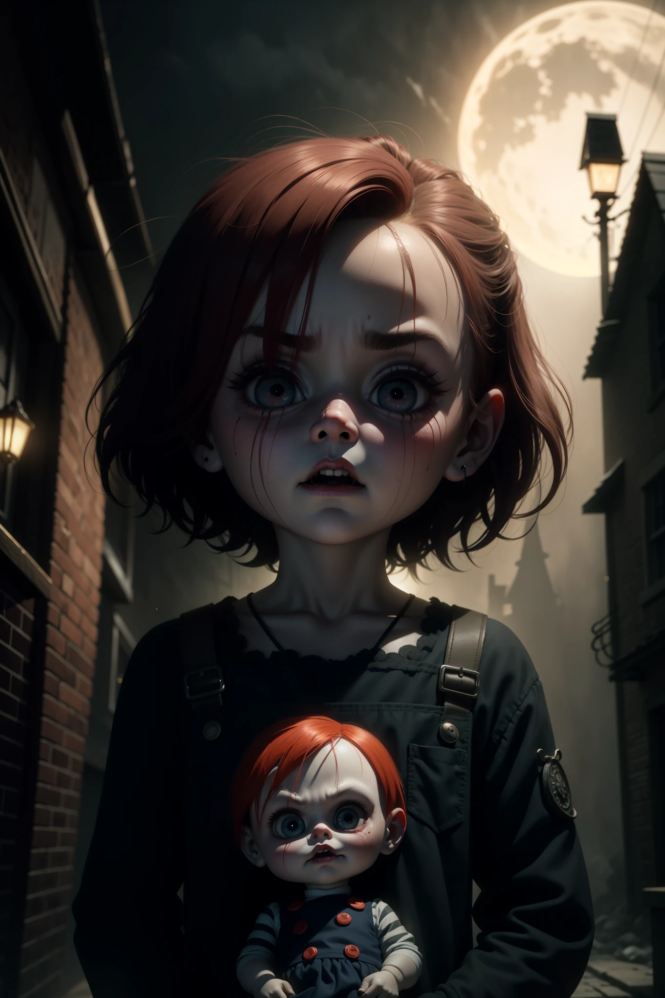 le: Chucky's Enigmatic Night Stroll - A Tim Burtonesque Illustration
Basking in the ethereal moon glow, Chucky, the notorious doll, emerges from the shadows of an eerie, fog-laden street. His creeping presence is a testament to Tim Burton's signature style, where the grotesque and enchanting come together in perfect harmony. defeating their enemies.
The once-adorable porcelain face of Chucky has been marred by time, revealing cracks and fissures that give the doll an ominous, yet oddly endearing, charm. His distorted, oversized eyes, hollow