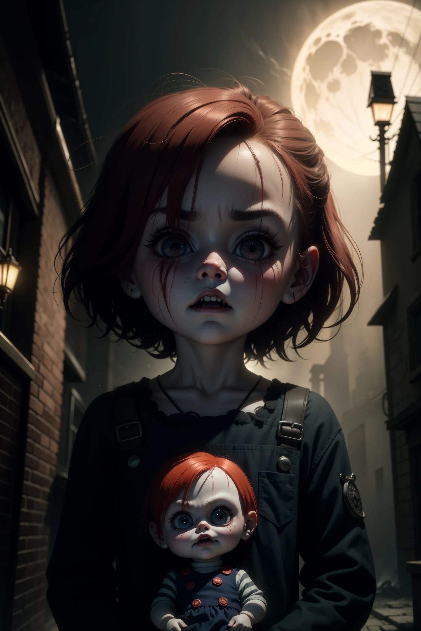 Title: Chucky's Enigmatic Night Stroll - A Tim Burtonesque Illustration

Basking in the ethereal moon glow, Chucky, the notorious doll, emerges from the shadows of an eerie, fog-laden street. His creeping presence is a testament to Tim Burton's signature style, where the grotesque and enchanting come together in perfect harmony. defeating their enemies.

The once-adorable porcelain face of Chucky has been marred by time, revealing cracks and fissures that give the doll an ominous, yet oddly endearing, charm. His distorted, oversized eyes, hollow