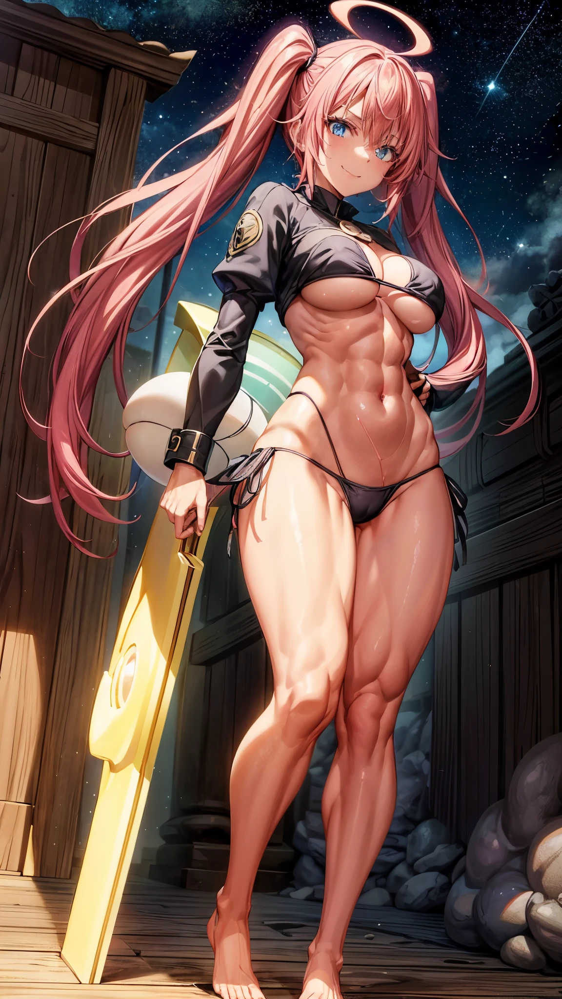 1 girl, (medium boobs))) (((big ass))), (smile), (((wearing short bikini))), (long pink hair), (((blue eyes) ))), (in beach at night with starry sky and moon full of blood), (slender), (thin waist), (butt only), legs (slim and muscular), muscular belly, barefoot, (evil look), (( (body photo full))), (standing), showing ass to the audience, (full body shot), twintails, glowing eyes, eye reflection, Bad mood, anime, Anime Style, ray tracing, glare, drop shadow, panorama, Sony FE, 8k, High definition, artwork, Accurate, Anatomically Correct, super detail, Best quality, high resolution, high definition, 16k