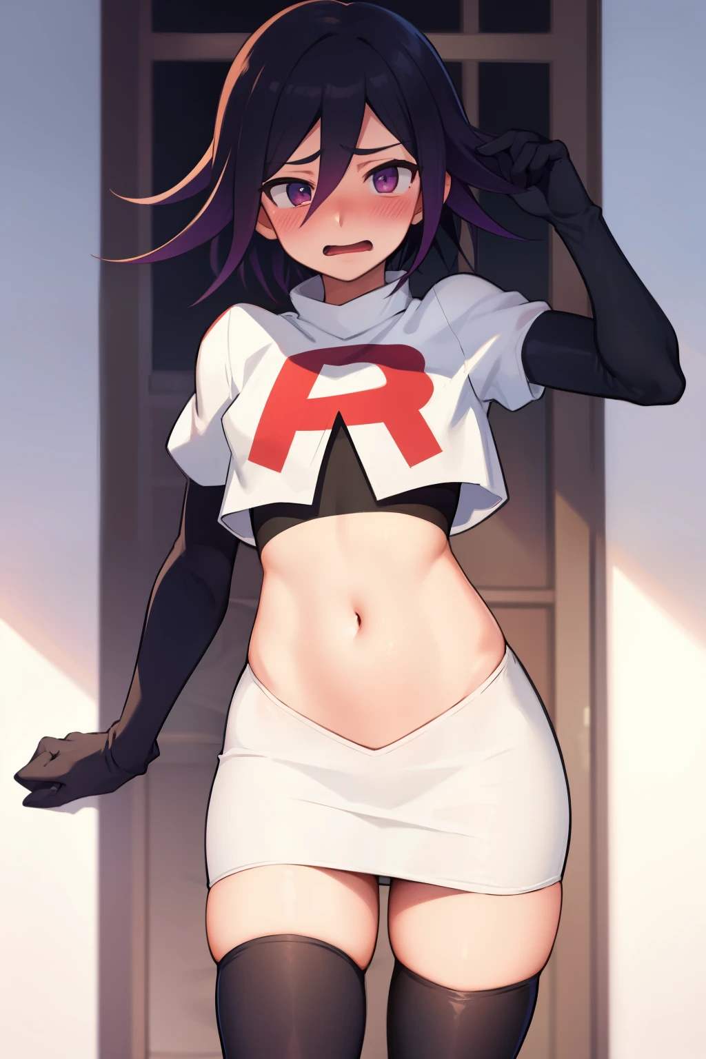 absurdres, cowboy shot, solo, male focus, trap, 1boy, crossdressing,1boy, oma kokichi, team rocket,team rocket uniform, red letter R, white skirt,white crop top,black thigh-highs,black elbow gloves, embarrassed, blush