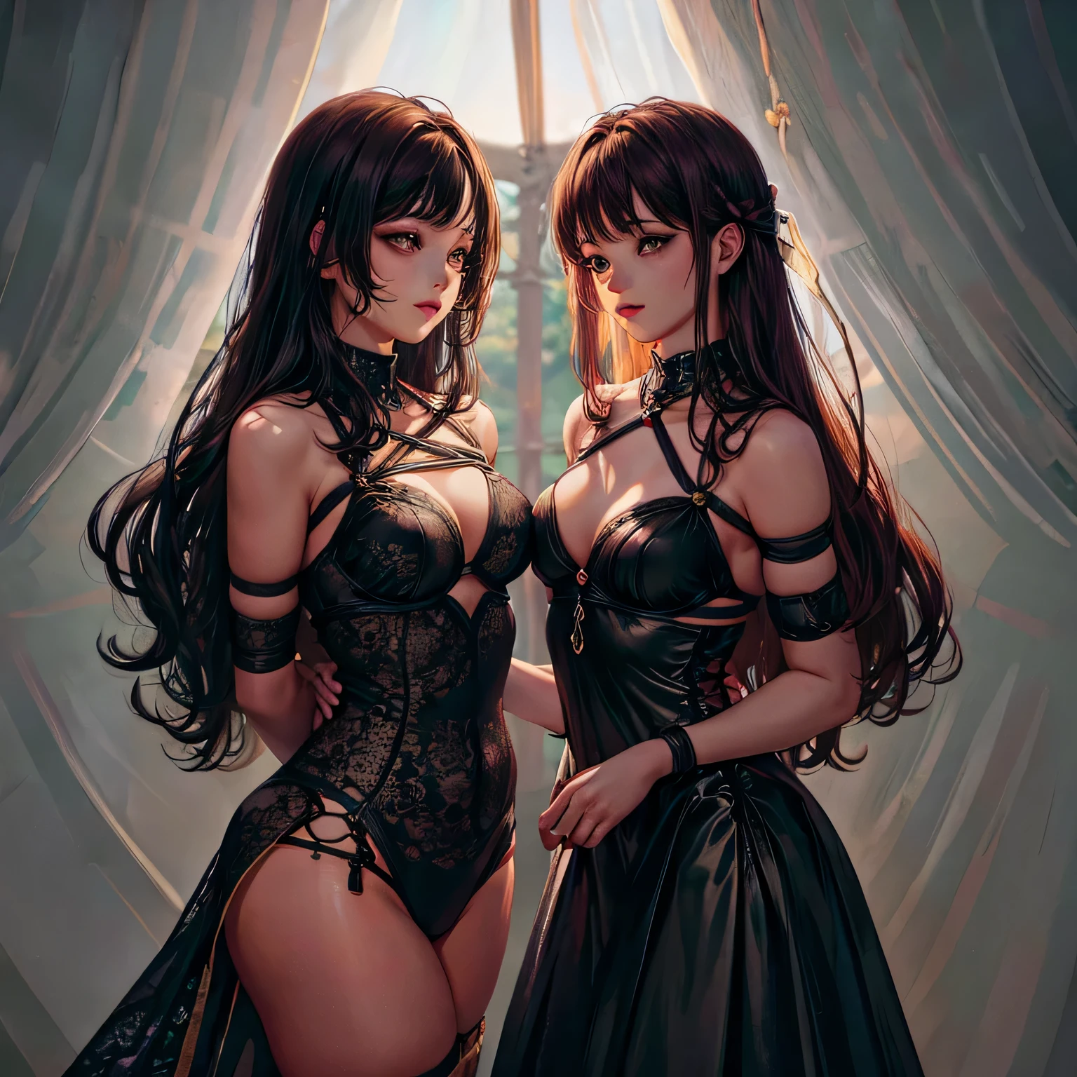two girl making love,(bright lighting,romantic setting),dreamy background,bondage,dark hair, mesmerizing gaze, , soft skin, alluring beauty, artistic portrait, high-quality image, vibrant colors, long silk gown, in the bed, mosquito net,sidesuspension