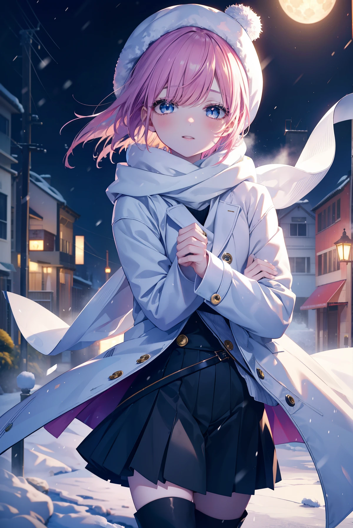 ichikanakano, ichika nakano, short hair, bangs, blue eyes, hair between eyes, pink hair,happy smile, smile, open your mouth,knit hat,Yellow coat,white scarf,white sweater,He wears fluffy gloves on both hands.,long skirt,black tights,short boots,It&#39;s snowing,snow is falling,winter,cold sky,moonlight,full moon,よる
break looking at viewer, whole body, Upper body,
break outdoors, In town,building street,
break (masterpiece:1.2), highest quality, High resolution, unity 8k wallpaper, (figure:0.8), (detailed and beautiful eyes:1.6), highly detailed face, perfect lighting, Very detailed CG, (perfect hands, perfect anatomy),