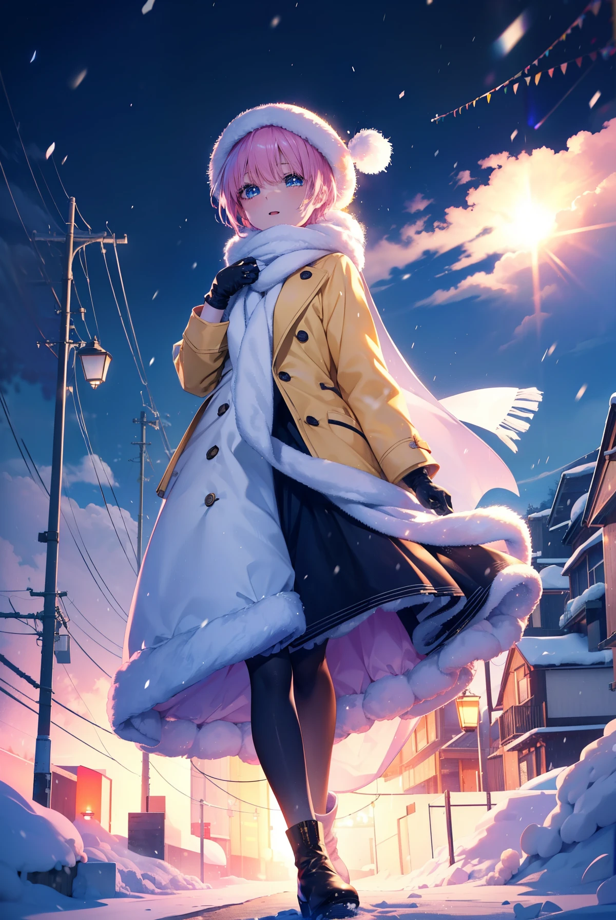 ichikanakano, ichika nakano, short hair, bangs, blue eyes, hair between eyes, pink hair,happy smile, smile, open your mouth,knit hat,Yellow coat,white scarf,white sweater,He wears fluffy gloves on both hands.,long skirt,black tights,short boots,It&#39;s snowing,snow is falling,winter,cold sky,moonlight,full moon,よる
break looking at viewer, whole body, Upper body,
break outdoors, In town,building street,
break (masterpiece:1.2), highest quality, High resolution, unity 8k wallpaper, (figure:0.8), (detailed and beautiful eyes:1.6), highly detailed face, perfect lighting, Very detailed CG, (perfect hands, perfect anatomy),