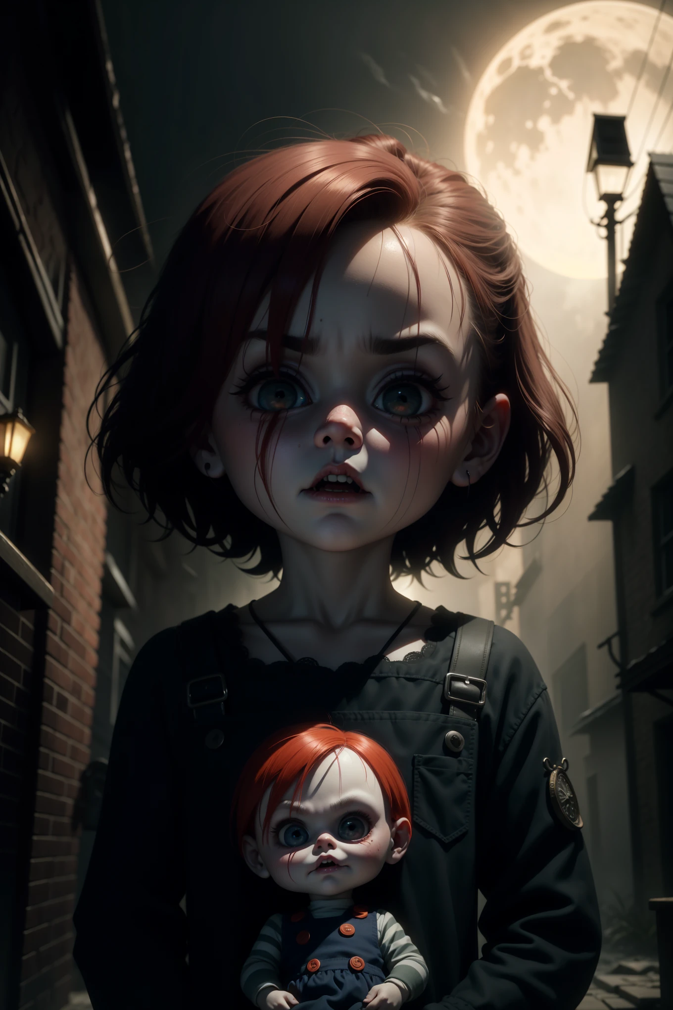 Title: Chucky's Enigmatic Night Stroll - A Tim Burtonesque Illustration
Basking in the ethereal moon glow, Chucky, the notorious doll, emerges from the shadows of an eerie, fog-laden street. His creeping presence is a testament to Tim Burton's signature style, where the grotesque and enchanting come together in perfect harmony. defeating their enemies.
The once-adorable porcelain face of Chucky has been marred by time, revealing cracks and fissures that give the doll an ominous, yet oddly endearing, charm. His distorted, oversized eyes, hollow