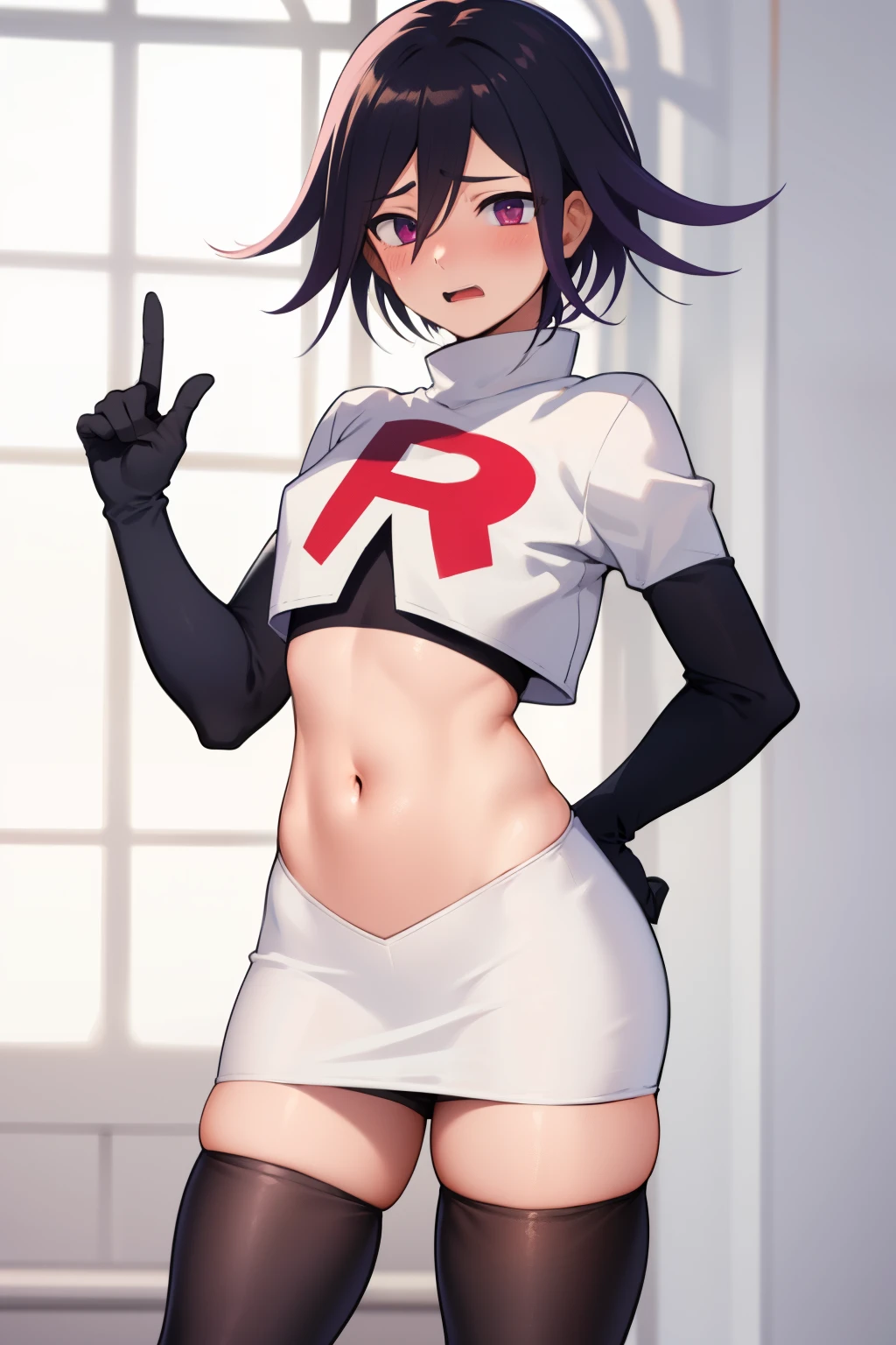 absurdres, cowboy shot, solo, male focus, trap, 1boy, crossdressing,1boy, oma kokichi, team rocket,team rocket uniform, red letter R, white skirt,white crop top,black thigh-highs,black elbow gloves, embarrassed, blush