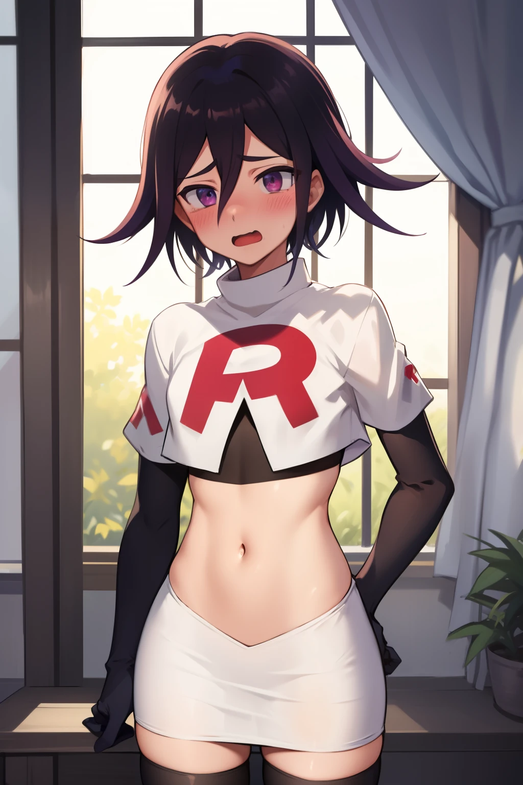 absurdres, cowboy shot, solo, male focus, trap, 1boy, crossdressing,1boy, oma kokichi, team rocket,team rocket uniform, red letter R, white skirt,white crop top,black thigh-highs,black elbow gloves, embarrassed, blush