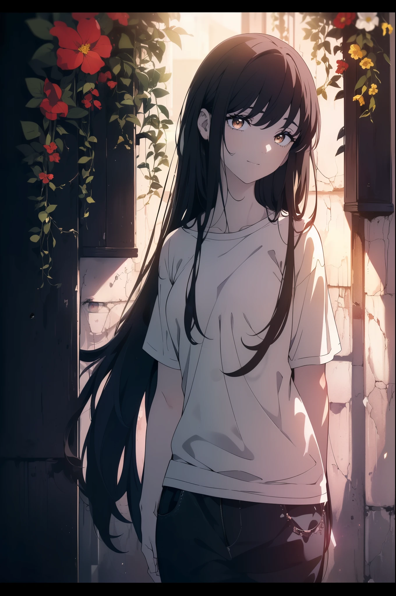 ((((Obra maestra, La mejor calidad, ultrahigh resolution)))), 1girl, standing, ((baggy white t-shirt, loose fitting blue shorts, black hair, dark black hair)), long hair cut, pale skin, ((brown eyes)), glowing_eyes, neon eyes, (ultra detailed eyes:0.7, beautiful and detailed face, detailed eyes:0.9), ((centered)), smile, ((wide shot)), facing viewer, (((vibrant background of outside, flowers, bright lighting, summer, sunlight))), flat chested, looking at viewer, ((perfect hands)), ((head:1, hips, elbows, arms, in view)), ((hands behind back)), empty eyes, beautiful lighting, defined subject, 25 years old, ((cool looking))