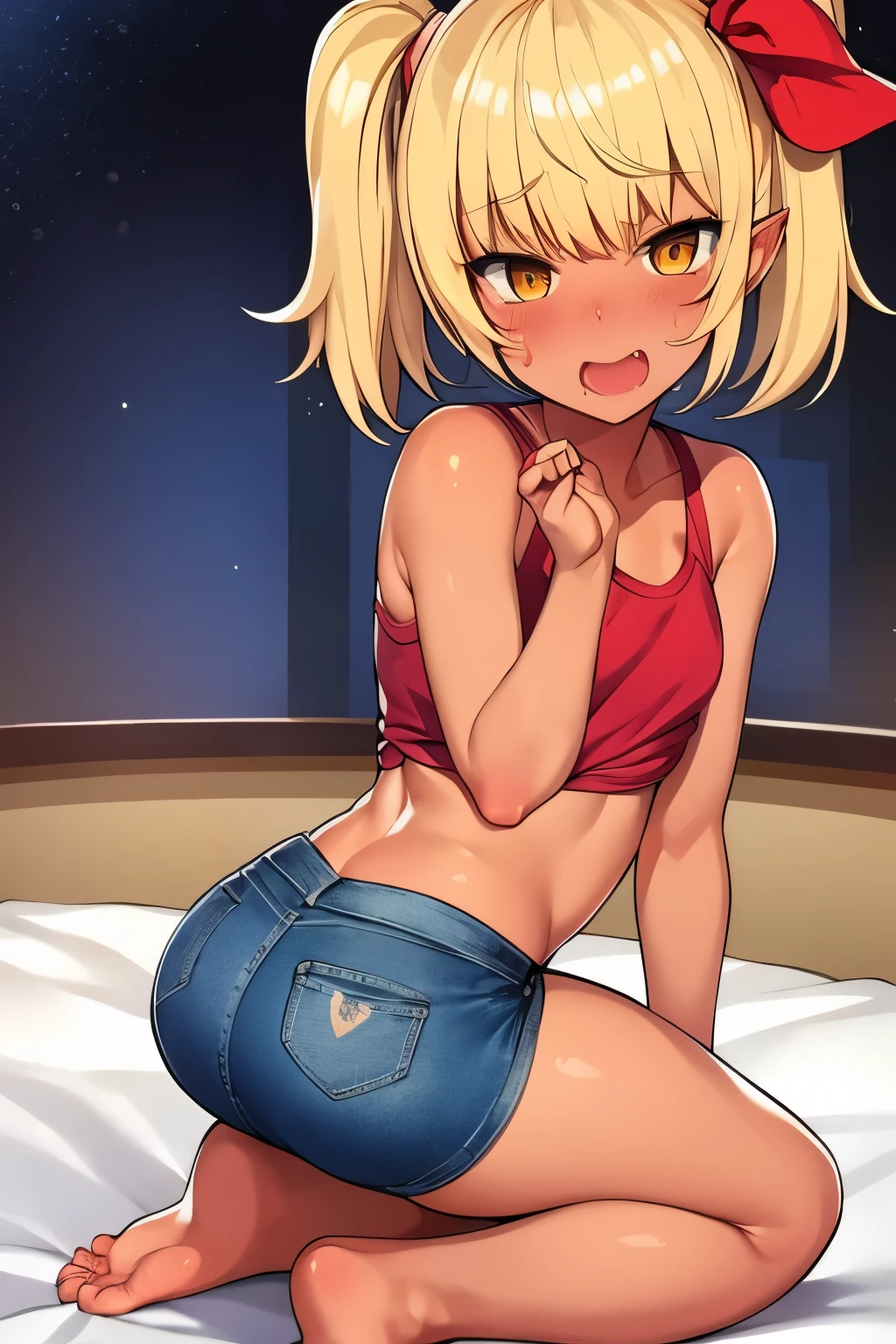 2D，highest quality，(masterpiece)，(full body)，Rumia，blonde，1 girl，，young，small ears，healthy dark skin，黒のdenim hot pants，Tank top，barefoot，barefoot，attractive thighs，butt，(red ribbon on head )，share，Bedroom，Get drunk，Sweat，upper grade，cheeks are bright red，(kneeling pose)， (wave hands)，Cute with bruises，erotic，i feel it，denim hot pants，night，breathing heavily，female brat，An evil kid like a  devil，heart above head