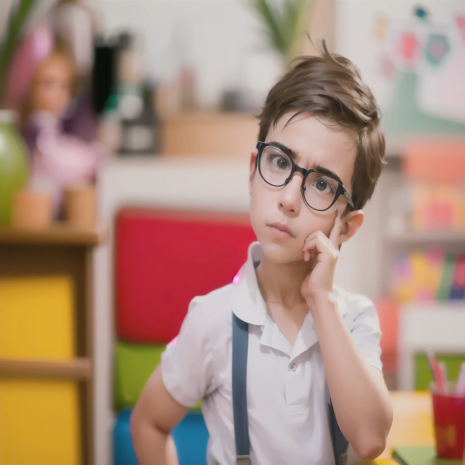 There's a boy in glasses and a white shirt, serious and focused look, olhar curioso, thoughtful expression, olhar concentrado, wearing medium-sized glasses, foto de retrato, thick-rimmed glasses, Parecendo confuso, profundamente em pensamento, closeup foto de retrato, small, sharp pupils, Humor apreensivo, wearing small round glasses, thoughtful expression