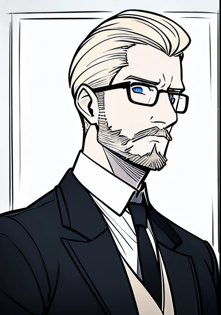 Adult male, white and tender skin, pale blonde slicked back combed short hair, kaisermustache and a ducktail beard, steel blue eyes, green and slightly mature, serious and emotionless facial expression,wearing a black suit jacket, white collar shirt, black tie and suit pants and glasses, portrait style,  facing forwards