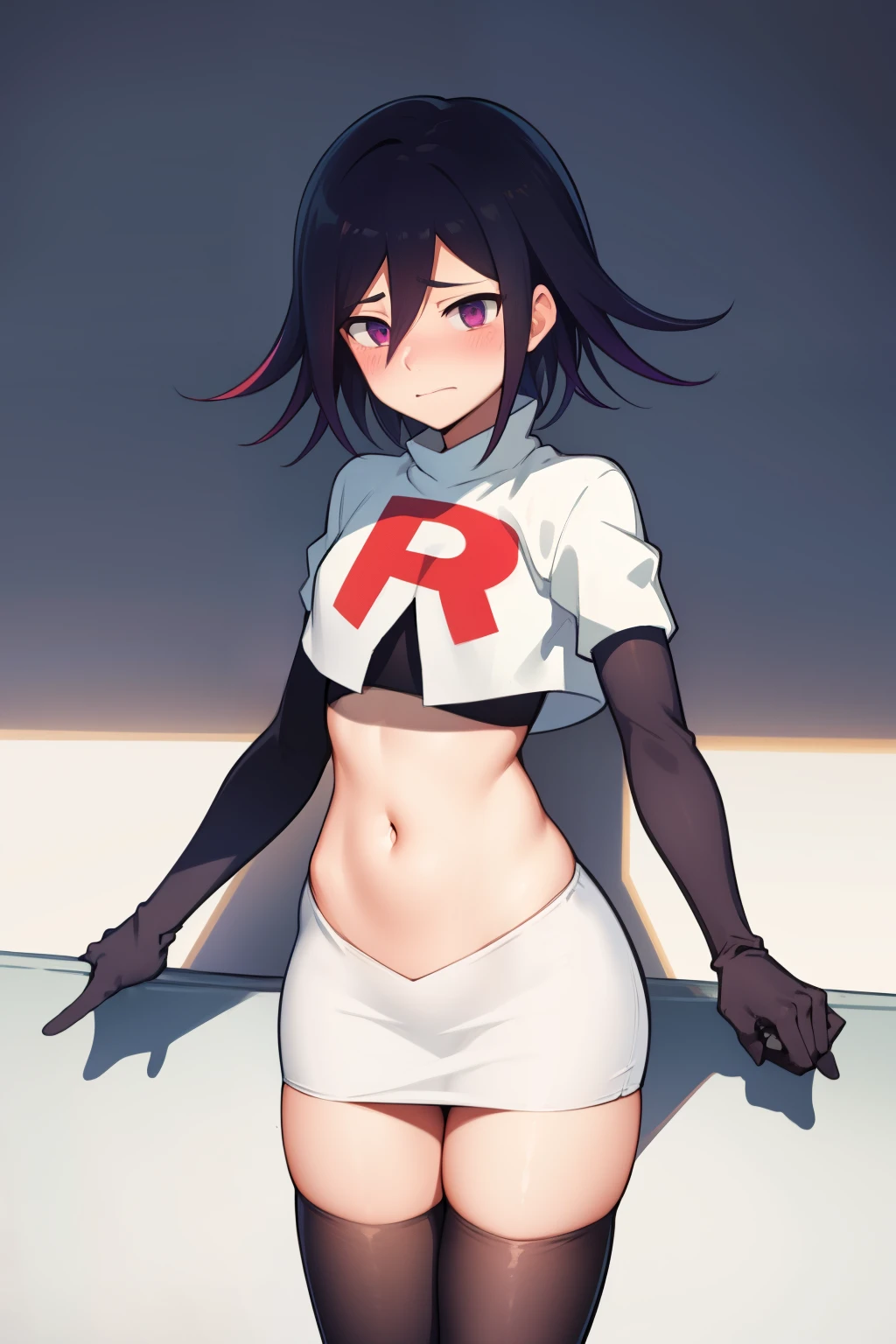 absurdres, cowboy shot, solo, male focus, trap, 1boy, crossdressing,1boy, oma kokichi, team rocket,team rocket uniform, red letter R, white skirt,white crop top,black thigh-highs,black elbow gloves, embarrassed, blush
