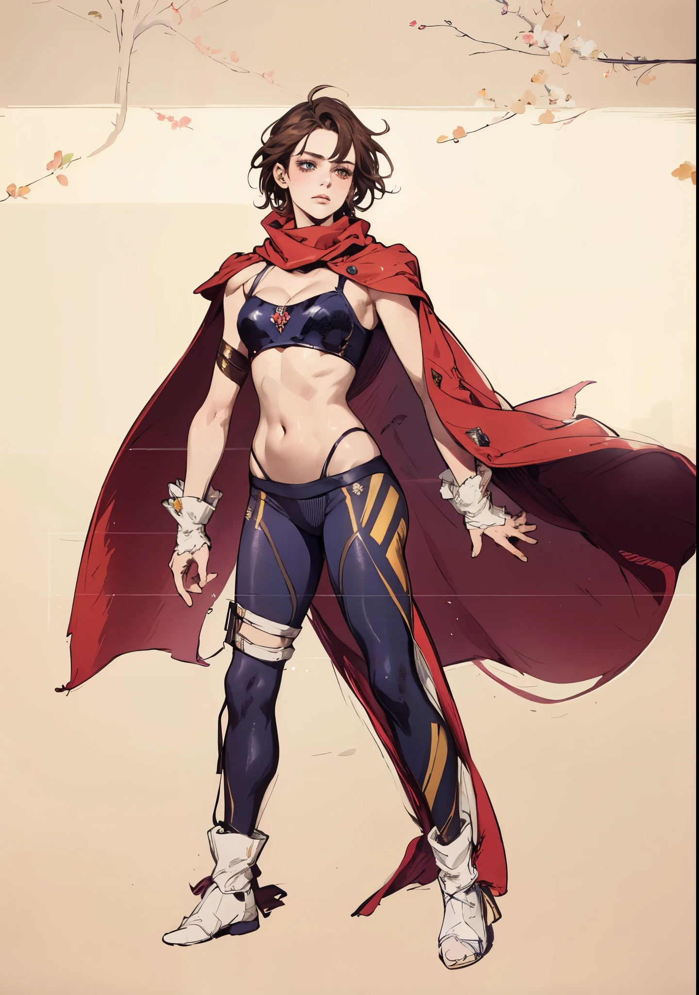A teenager girl with short brown hair, delicate features, a focused gaze, a determined expression, she has a petite figure akin to a gymnast, adorned with a long flowing cape-like scarf in red and yellow hues, a fantasy-realism-style gymnastics leotard with a long hemline attached, paired with matching leggings, ((black as the main color, complemented by red and yellow accents)), (she poised on a vast stage enveloped in mystery, she emitting a sacred glow in the dim environment), this character embodies a finely crafted fantasy-realism-style dancer in anime style, exquisite and mature manga art style, perfect body, porcelain skin, high definition, best quality, highres, ultra-detailed, ultra-fine painting, extremely delicate, professional, anatomically correct, symmetrical face, extremely detailed eyes and face, high quality eyes, creativity, RAW photo, UHD, 32k, Natural light, cinematic, masterpiece-anatomy-perfect, masterpiece:1.5