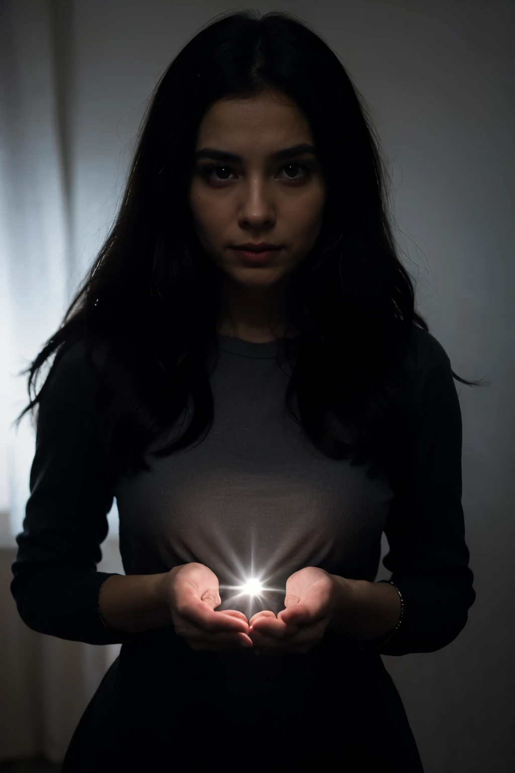 Necesito una imagen que transmita el aura de vigilancia y control de los Ojos de Dios en Genshin Impact. Cada Ojo de Dios debe ser representado como un amuleto brillante y resplandeciente, reflejando el elemento de su respectivo arconte. Los Ojos de Dios deben rodearse de destellos de luz divina y sombras ominosas. Behind every Eye of God, I want a single person to be generated in the form of a shadowy silhouette, representando al arconte correspondiente, conveying a feeling of mystery and power. Besides, behind these people, quiero que se generen uno o dos dioses de Celestia, also like shadowy silhouettes, emanando un aura de temor y majestuosidad.