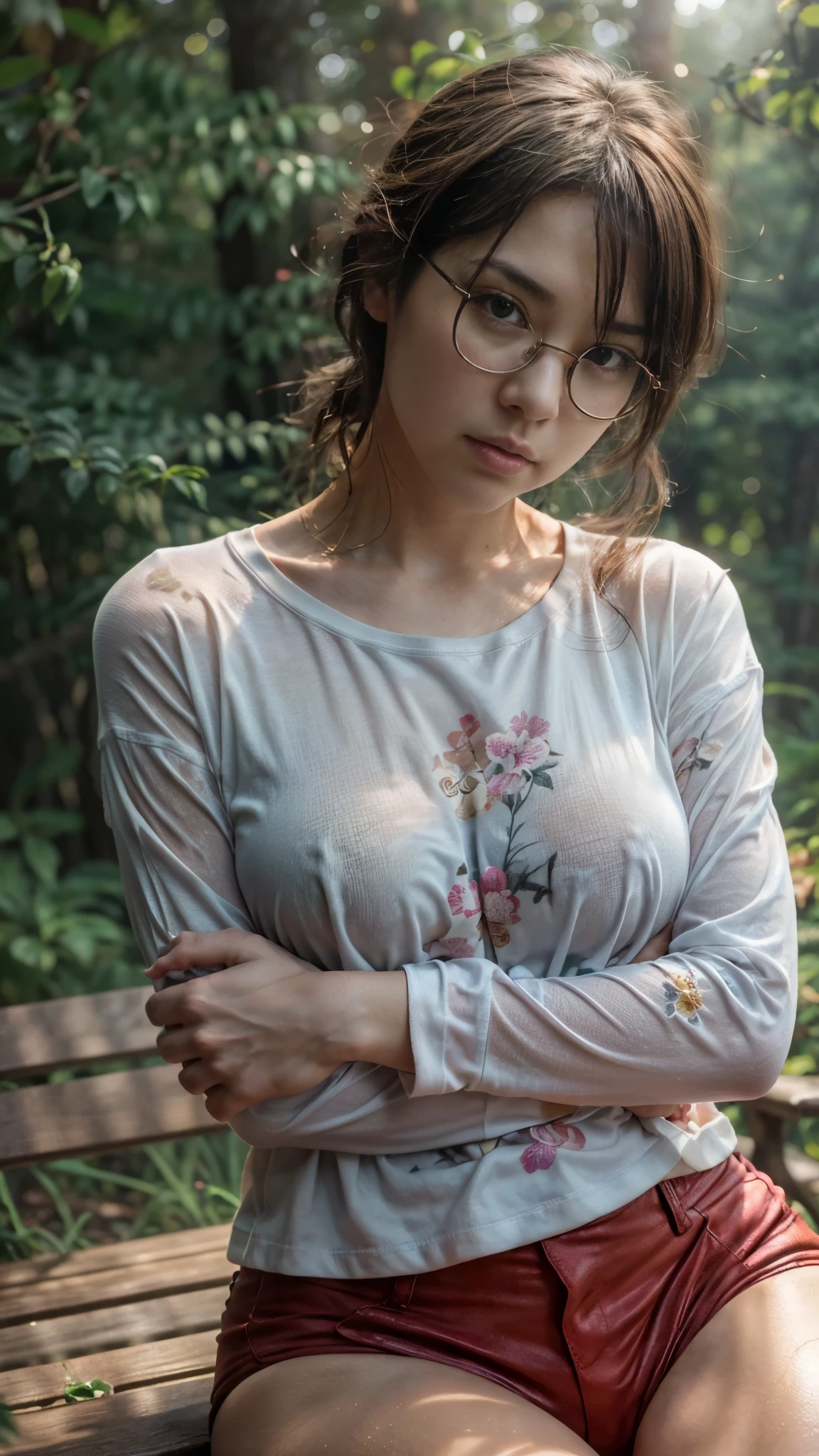 Photorealistic, (close up:1.3, exposed face), wide angle, (seen from below), a japanese young woman wearing wet (long sleeve (floral t-shirt:1.2), oversized t-shirt, hotpants), a hyperrealistic beautiful young girls with grayish blue eyes in glasses, natural sagging breast, high detailed official artwork, beautiful girls with slim fit body and busty posture, long legs, attractive young woman, (atractive sitting poses:1.3, crossed arm hold the breast up), at bench in the (natural foggy forest:1.2), natural background, rainny day, dubnitskiy david fanart, realistic portrait, smooth photorealistic, perfect visual of a cute girls, cute girls with skinice soft face, face focus, makoto shinkai and artgerm, photon mapping, natural light, warm color tones, vivid colors, cool ambient, foggy atmosphere