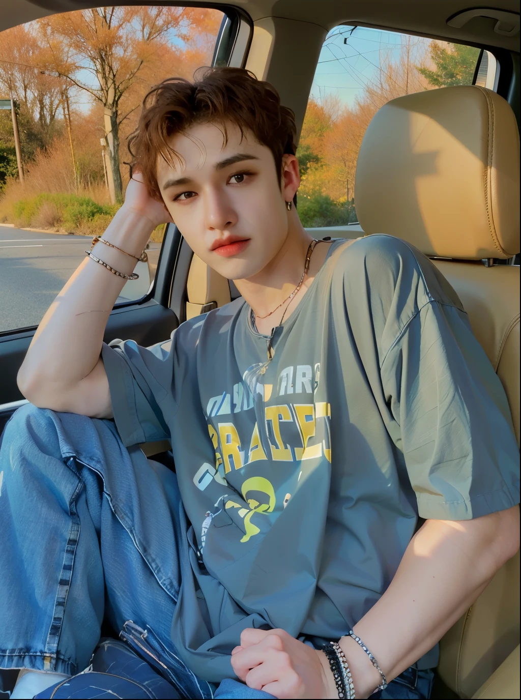 arafed boy sitting in a car with his head in his hand, chico adolescente de pelo rojo, cuchilla del grupo de drenaje, Connor Hibbs, he has short curly brown hair, taken in the early 2020s, pelo pelirrojo con pecas, album photo, vistiendo un pescador 🧥, filtrado, usando una camisa y un jean, filtrado image