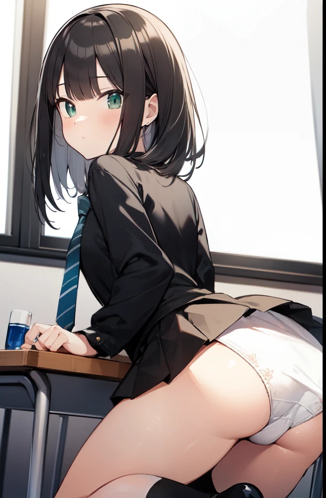 rinshibuya, rin shibuya, black hair, (green eyes:1.5), long hair,
BREAK black skirt, black socks, collared shirt, green necktie, kneehighs, long sleeves, miniskirt, necktie, pleated skirt, , shirt, skirt, socks, striped, striped necktie, white shirt, wing collar,
BREAK indoors, classroom,
BREAK looking at viewer,
BREAK (masterpiece:1.2), best quality, high resolution, unity 8k wallpaper, (illustration:0.8), (beautiful detailed eyes:1.6), extremely detailed face, perfect lighting, extremely detailed CG, (perfect hands, perfect anatomy), little, (white panties:1.5), (ass:1.5), kneeling, leaning forward, body tilt, small breasts, (short, tiny, little:1.5), blush, embarrassed, from below, from back, cowboy shot, spread legs, dutch angle