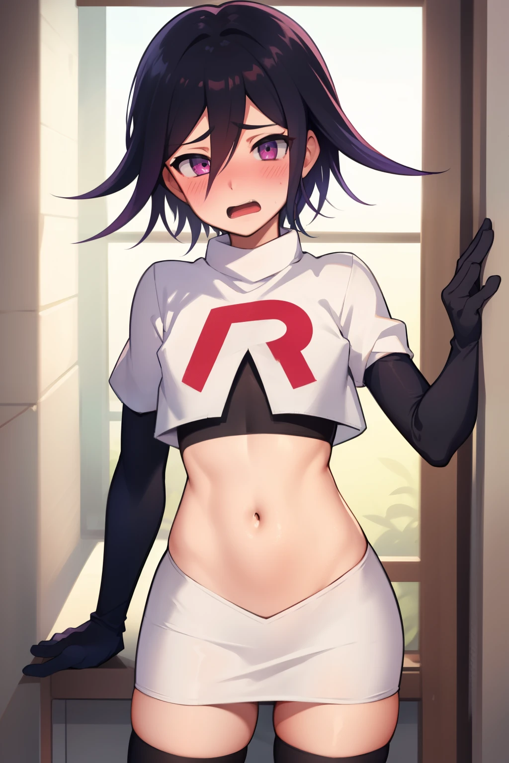 absurdres, cowboy shot, solo, male focus, trap, 1boy, crossdressing,1boy, oma kokichi, team rocket,team rocket uniform, red letter R, white skirt,white crop top,black thigh-highs,black elbow gloves, embarrassed, blush