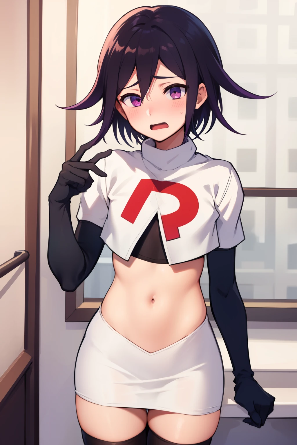 absurdres, cowboy shot, solo, male focus, trap, 1boy, crossdressing,1boy, oma kokichi, team rocket,team rocket uniform, red letter R, white skirt,white crop top,black thigh-highs,black elbow gloves, embarrassed, blush