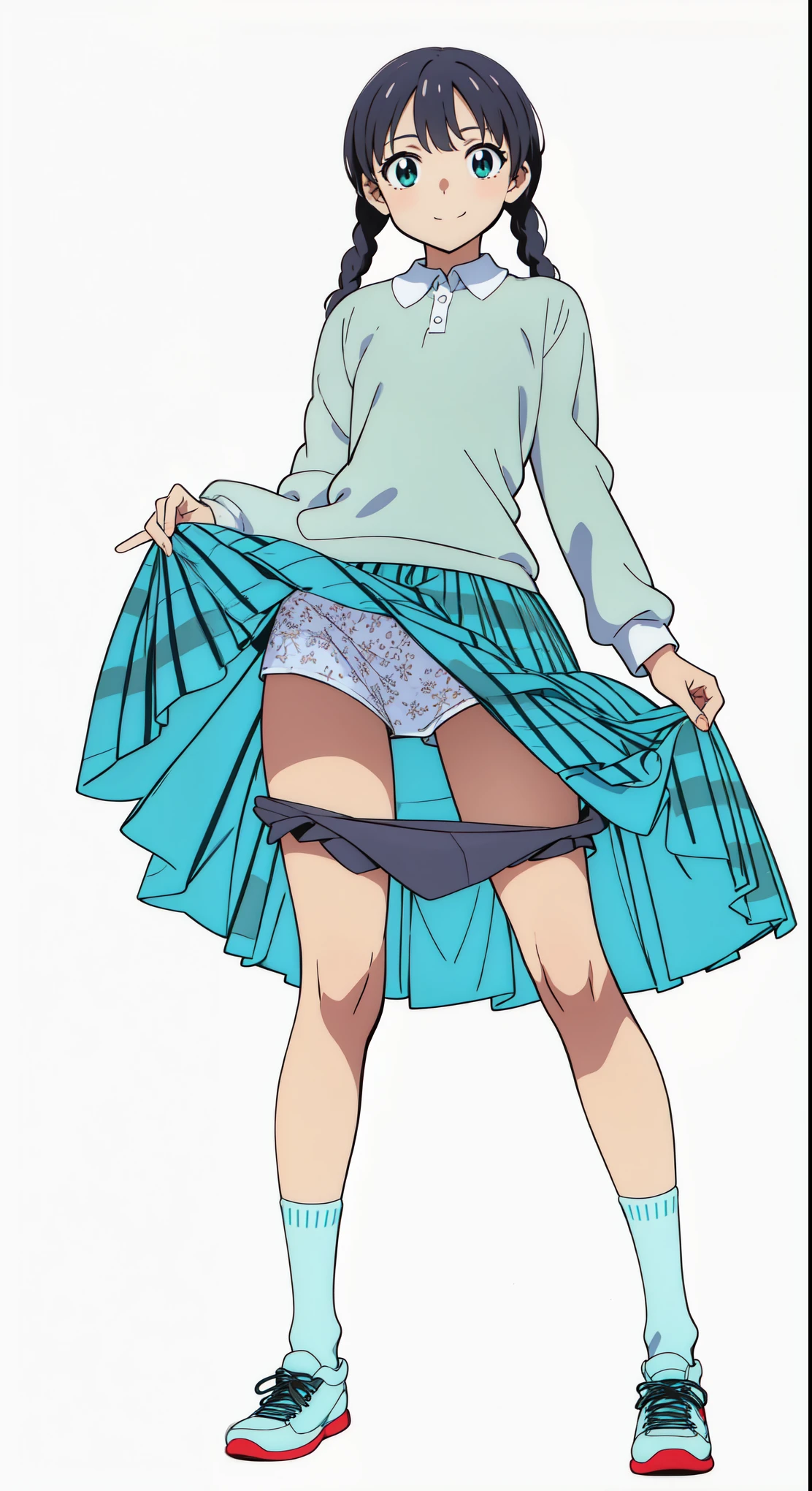 (tareme:1.5), (cheerful:1.5), (light smile:1.5), (looking at viewer:1.0), (white background:1.0), (best quality:1.0), (masterpiece:1.0), (super fine illustration:1.0), (beautiful artwork:1.0), (anime screencap:1.0), (official art:1.0), (full body:1.0), (solo:1.0), (ESGA:1.0), (a 12yo cute girl:1.0), (long skirt:1.0), (green tartan skirt:1.0), (pleated skirt:1.0), (aqua blue polo shirt:1.0), (long sleeve polo shirt:1.0), (sneakers:1.0), (white socks:1.0), (ideal ratio body proportions:0.25), (lanky:0.25), (tall:0.25), (slender:0.25), (small breasts:0.25), (smaller face:0.25), (tareme:1.0), (detailed beautiful eyes:1.0), (detailed beautiful face:1.0), (glowing black eyes:1.0), (short hair:1.0), (swept bangs:1.0), (twin braids:1.0), (black hair:1.0)