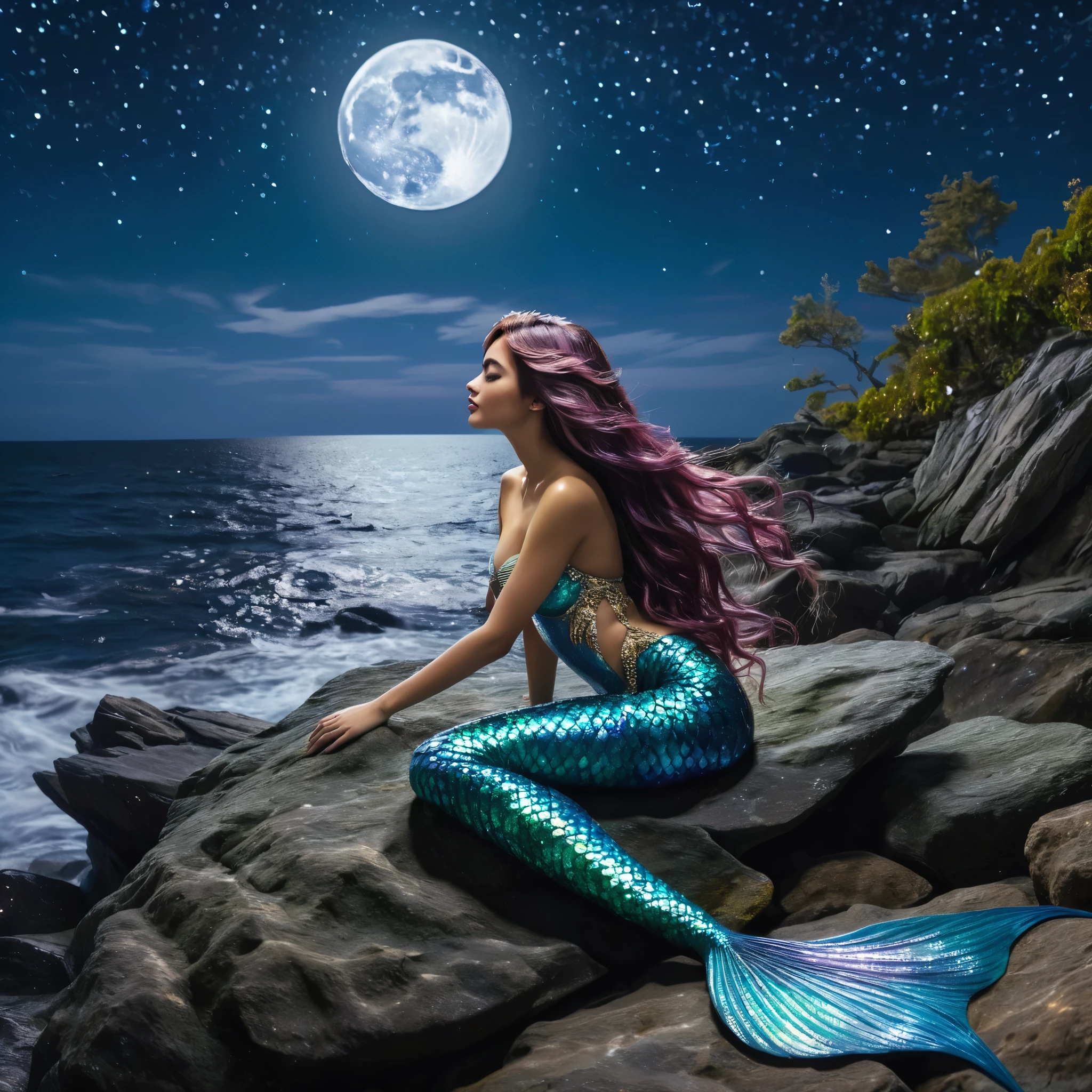 A captivating mermaid lounging on a rocky outcrop beneath a starry sky, her shimmering scales reflecting the light of the full moon.