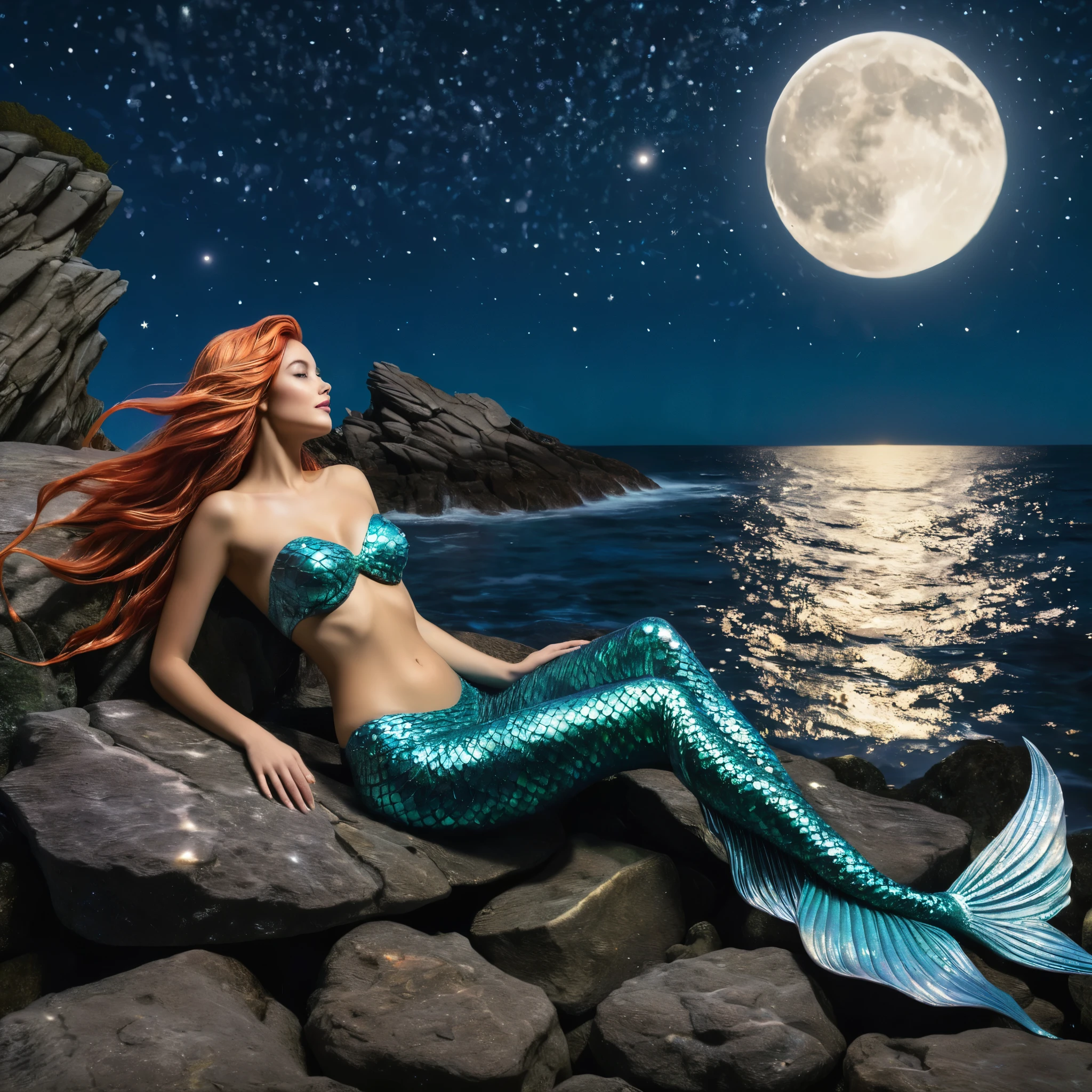A captivating mermaid lounging on a rocky outcrop beneath a starry sky, her shimmering scales reflecting the light of the full moon.