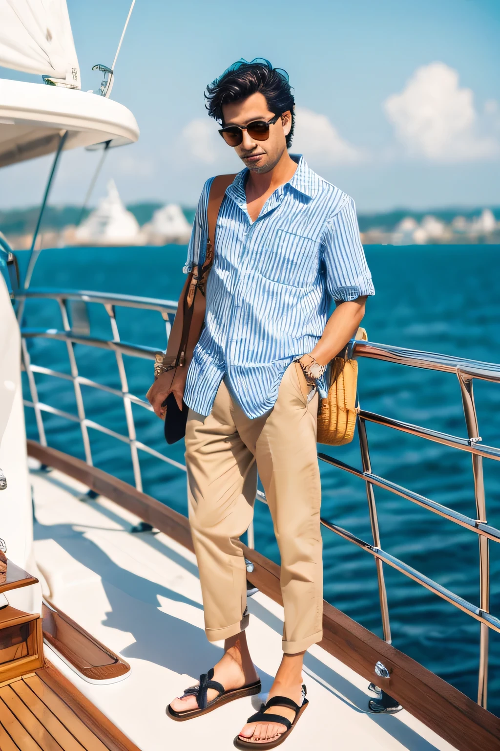 Dressed in a striped shirt, 夏の日のyacht ,steer the steering wheel ,yacht, japanese men, yacht,A little badass、Man in Sunglasses,photograph, surreal, 8K, yachtの上にいる男性のphotograph, Large handle ,Good weather, gentle waves, perfect eyes, shallow depth of field,full body shot,Photographed from the front,Large handleが前に,Holding the handle,sandals,nice、Snazzy,yacht,セーリングboat,sailboat,boat,full body shot,Okinawa Sea,30 generation men、a handsome guy