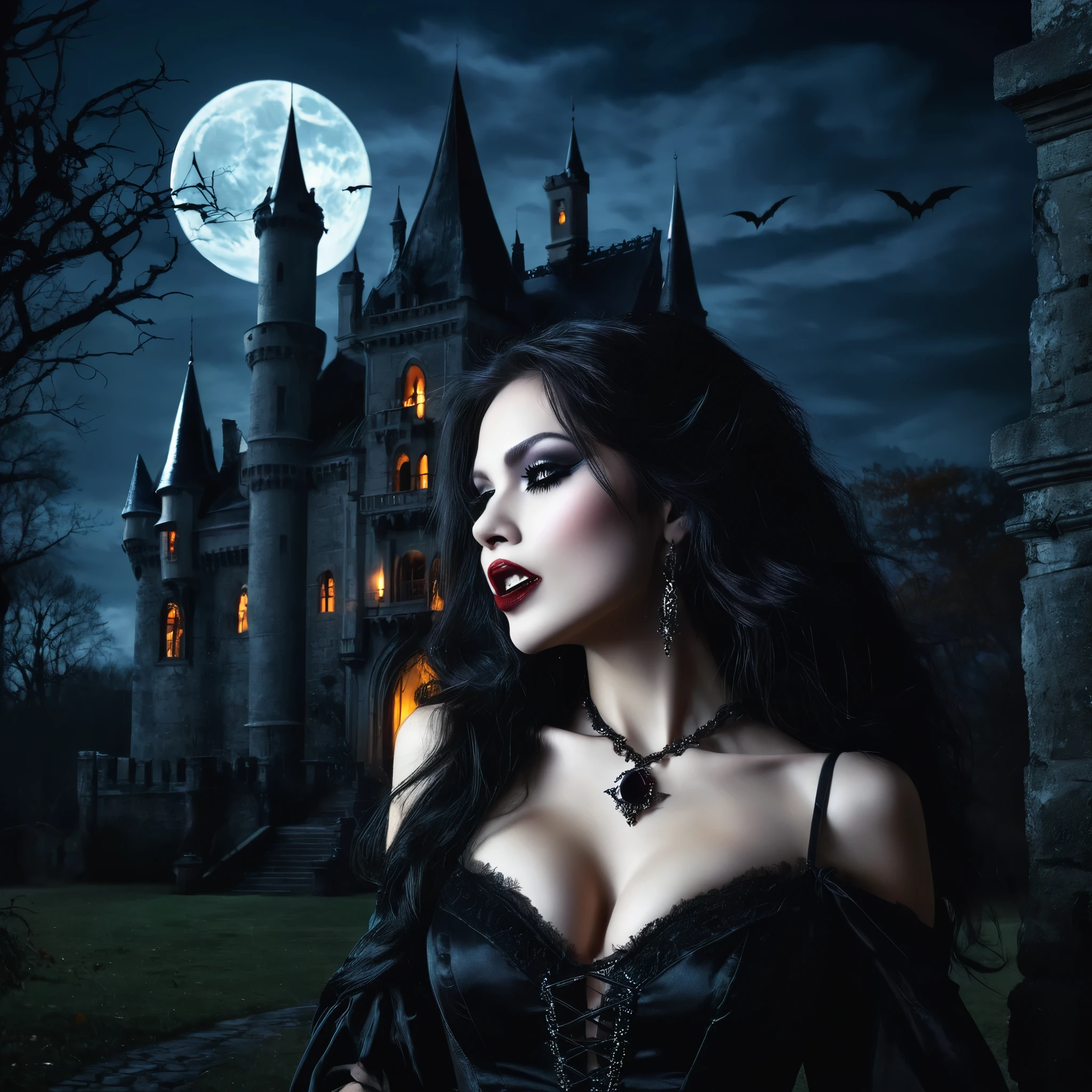 An alluring vampire seducing her prey in the shadows of a gothic castle, her fangs gleaming in the moonlight.