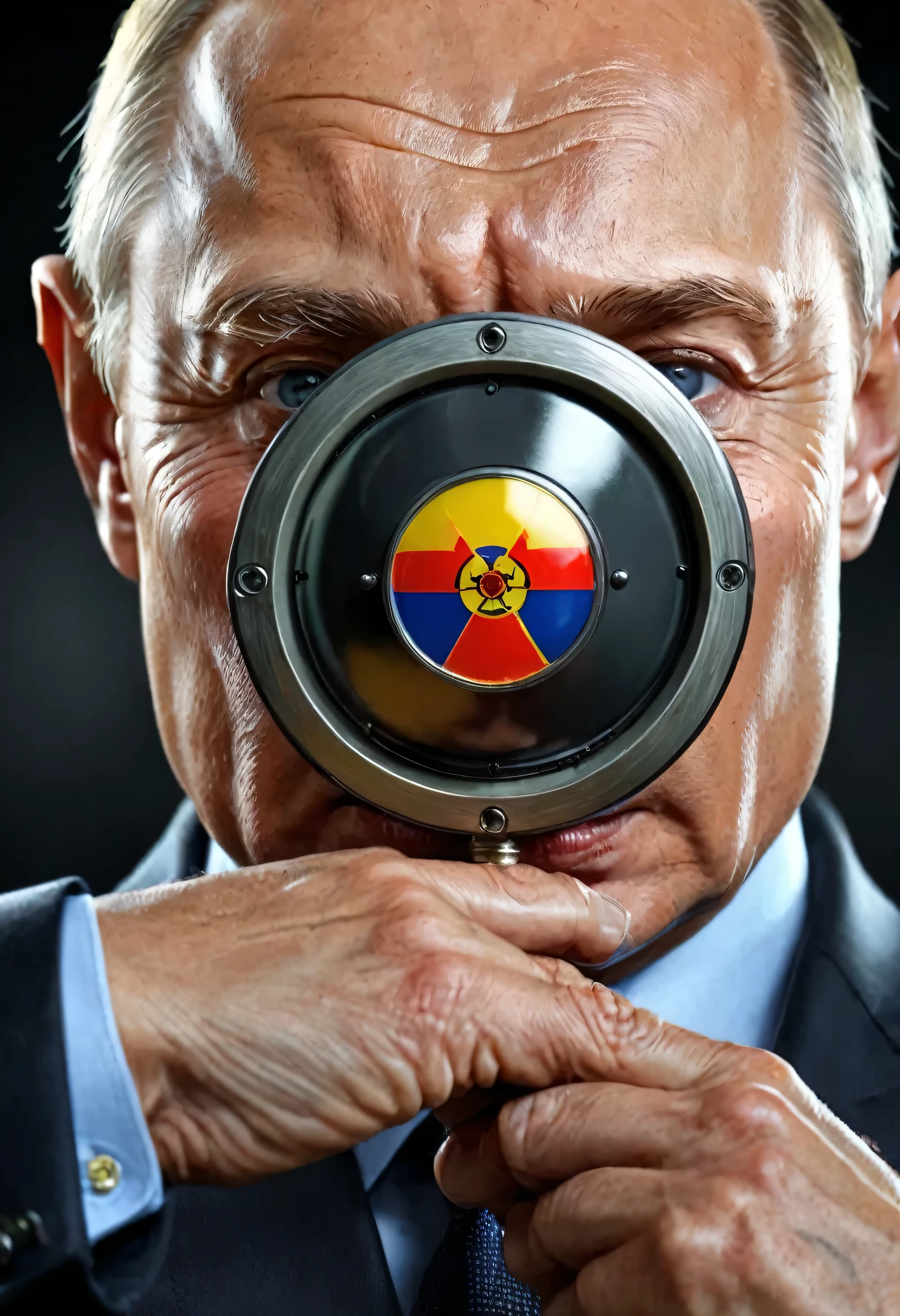 arafed image of a man looking through a magnifying lens, putin inhaling from copium tank, profile putin, shocked face of putin demon, by Arthur Sarkissian, putin face, sergey vasnev, by Randy Gallegos, by James Warhola, sergey zabelin, by Radi Nedelchev, 1312351Putin holding the nuclear button. 
,  extreme details, highly detailed,, ,ultra HD,  Very Good quality 
, Photorealistic.   photographic, fine texture, photorealistic,Ultra Realistic, High quality, Highly detailed,majestic, dramatic lighting clear photo raw. aestic