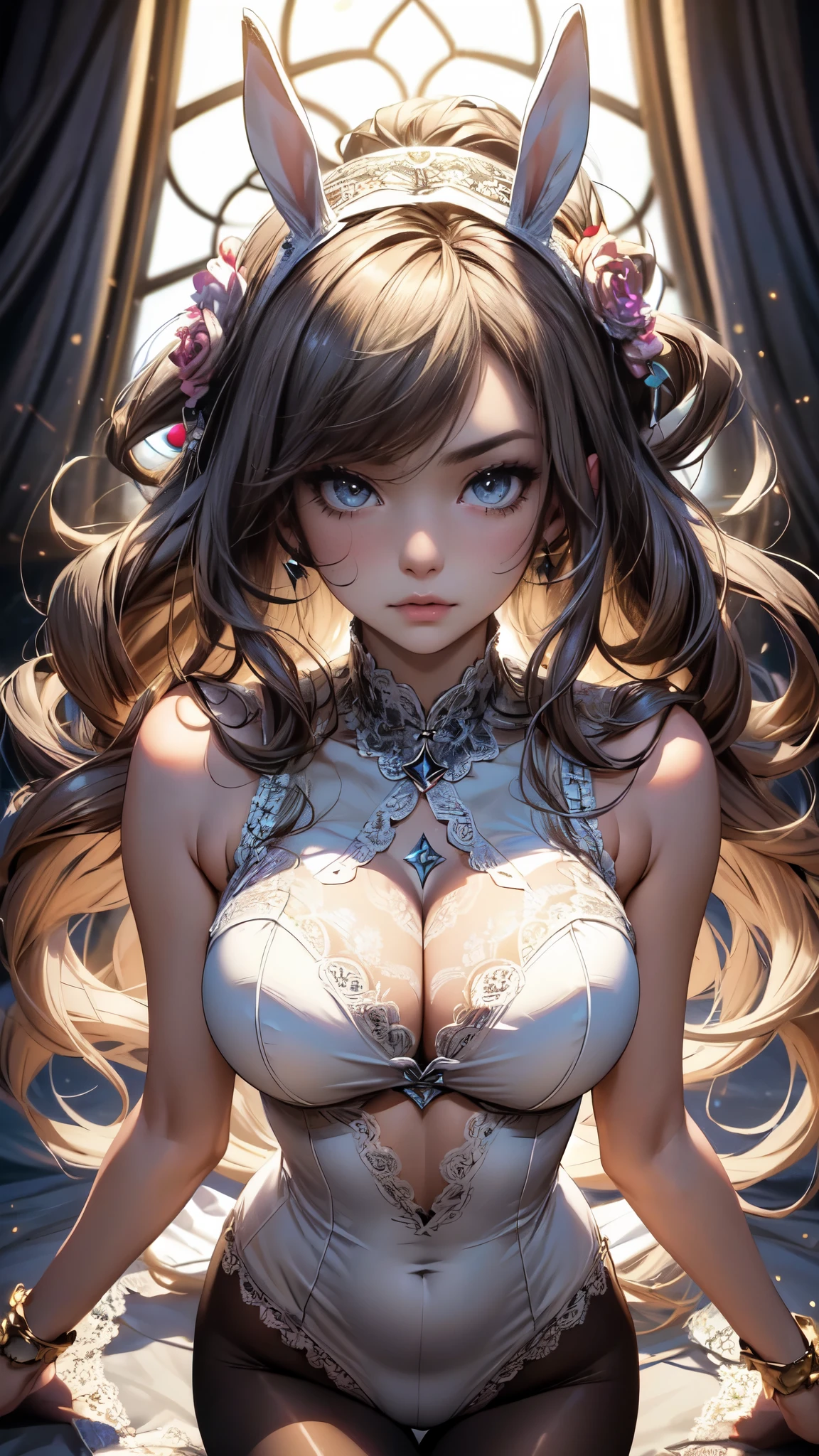 Masterpiece, Highest quality, Detailed face, CharacterDesignSheet，perfectly proportions，full bodyesbian，Full of details, Multiple poses and expressions, Highly detailed,  beautiful goddess woman，Wear a bunny outfit，Star decoration，Lace，lacepantyhose, High Balance,Natural light