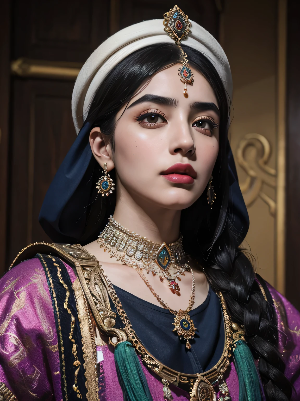 woman's face, painted face Qajar woman with lasso eyebrows, Iranian woman of the Qajar era, Qajar art, The subtleties of Iranian art, flower punk, ZBrush, elegant realism, portraitures --ar 2:3 --v 6, hyper-detailed, super-resolution, high quality, hyper-detailed, magic, hyper maximalist, insanely detailed and intricate, octane render, unreal engine, 8k, dynamic, frontal view, lens55mm, level eye view, masterpiece