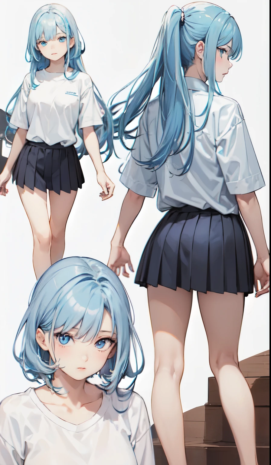 gradation color hair、twin tailulticolored hair、Cut the seat、cross-eyed、three view drawing, front and back and side,three views, front, back and side、messy hair、blunt bang cut、pleated skirt、black shirt、streaked hair、messy hair、Sloppy、cross-eyed、drunk、looked back、( fool / sexual ecstasy)、looked back、Glasses、highest quality, realistic, Super delicate illustration, beautiful and attractive anime girl, slender body, tied hair, one girl, girl pictures, full body shot, beautiful blue eyes, looked back,