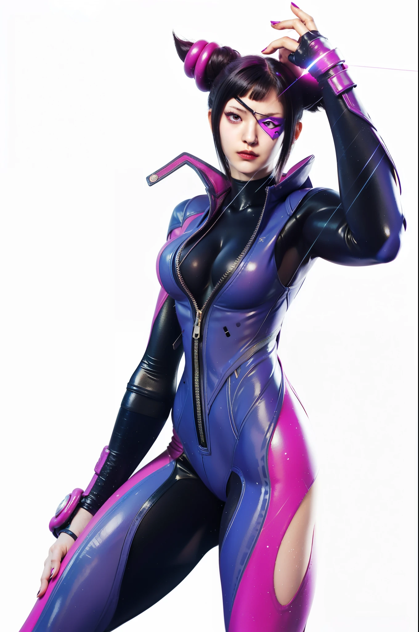 a close up of a person in a purple and black outfit, juri han from street fighter, juri misaki, widowmaker, d. va from overwatch, yayoi kasuma, widowmaker from overwatch, as an overwatch character, portrait anime space cadet girl, commission for high res, tracer in a skintight dress