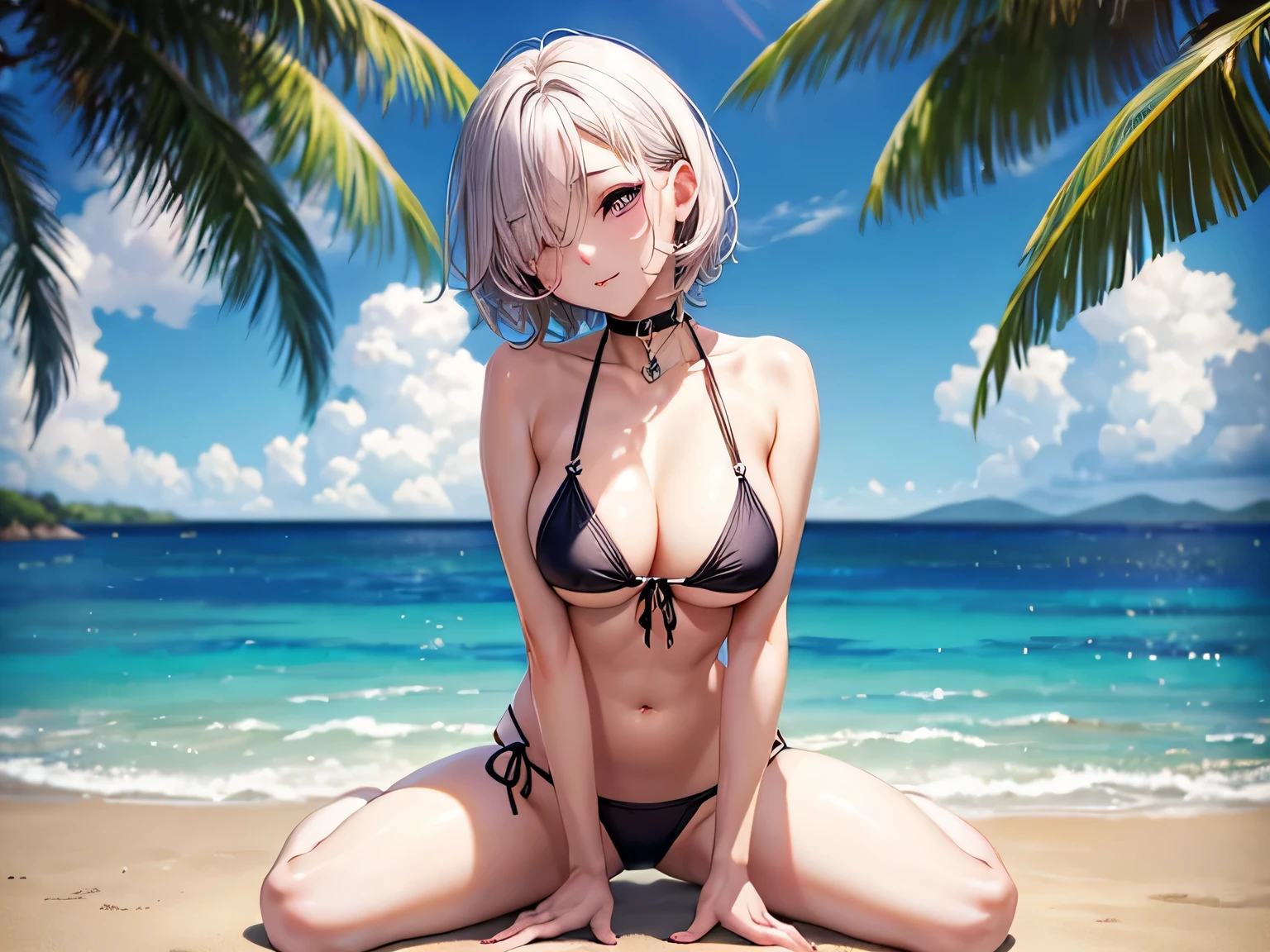 finest、High quality、detailed、full finger、Slender beauty、short hair、((((close one eye))))、(((Wariza)))、cute micro bikini、medium breasts、Shirahama、((full body))