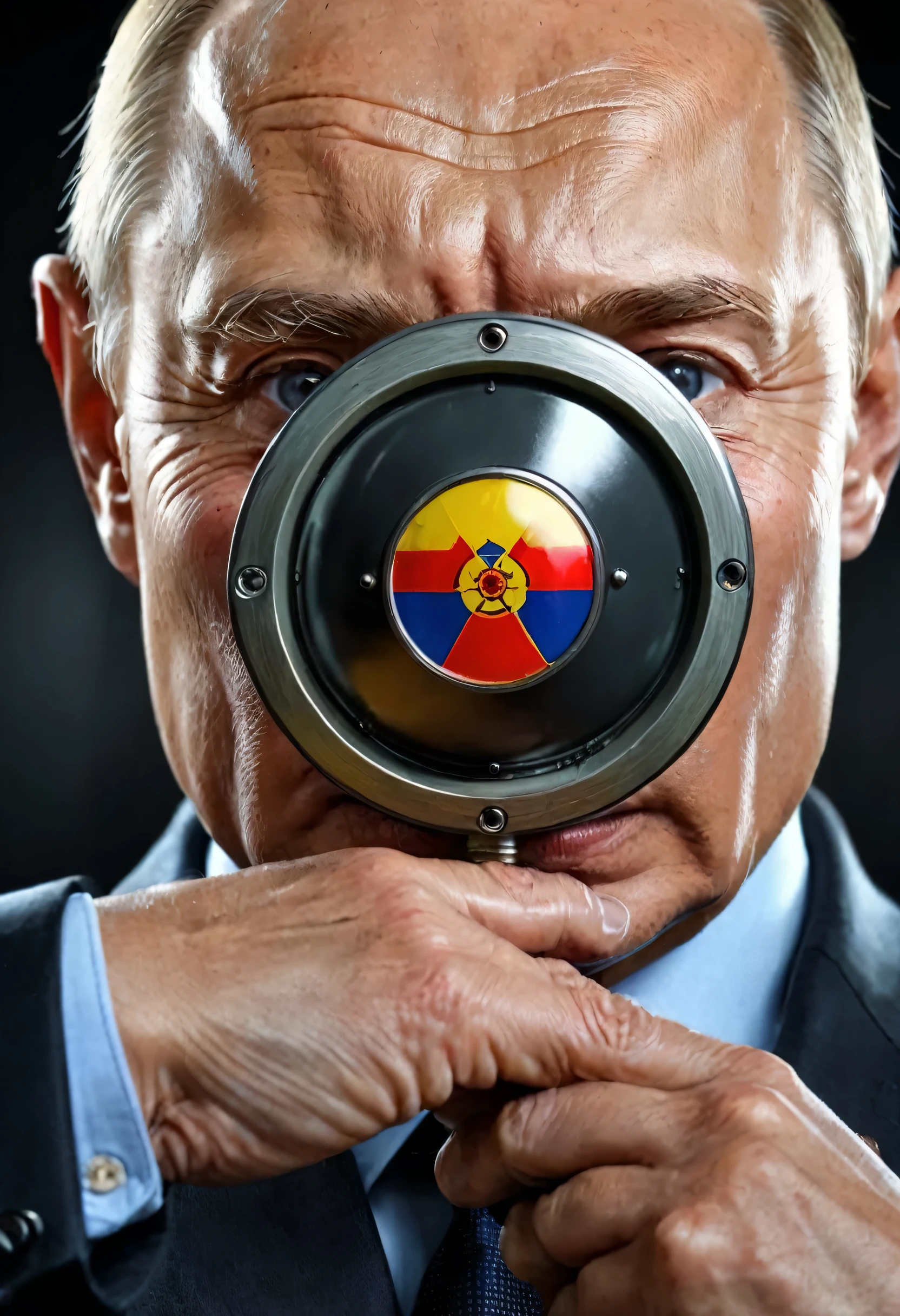 arafed image of a man looking through a magnifying lens, putin inhaling from copium tank, profile putin, shocked face of putin demon, by Arthur Sarkissian, putin face, sergey vasnev, by Randy Gallegos, by James Warhola, sergey zabelin, by Radi Nedelchev, 1312351Putin holding the nuclear button.
, extreme details, highly detailed,, ,ultra HD, Very Good quality
, Photorealistic. photographic, fine texture, photorealistic,Ultra Realistic, High quality, Highly detailed,majestic, dramatic lighting clear photo raw. aestic