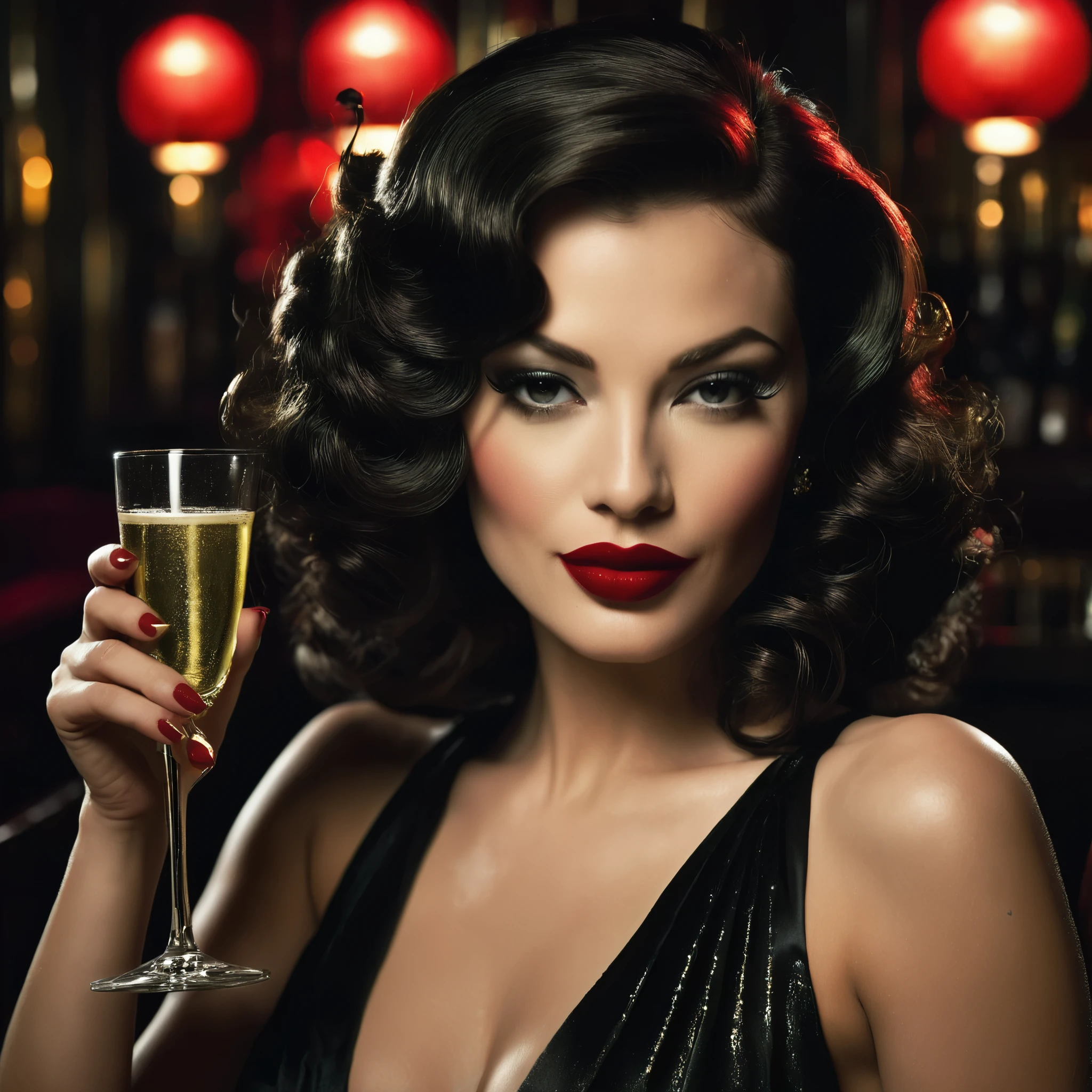 A glamorous femme fatale sipping champagne in a dimly lit speakeasy, her red lips curled into a knowing smirk.