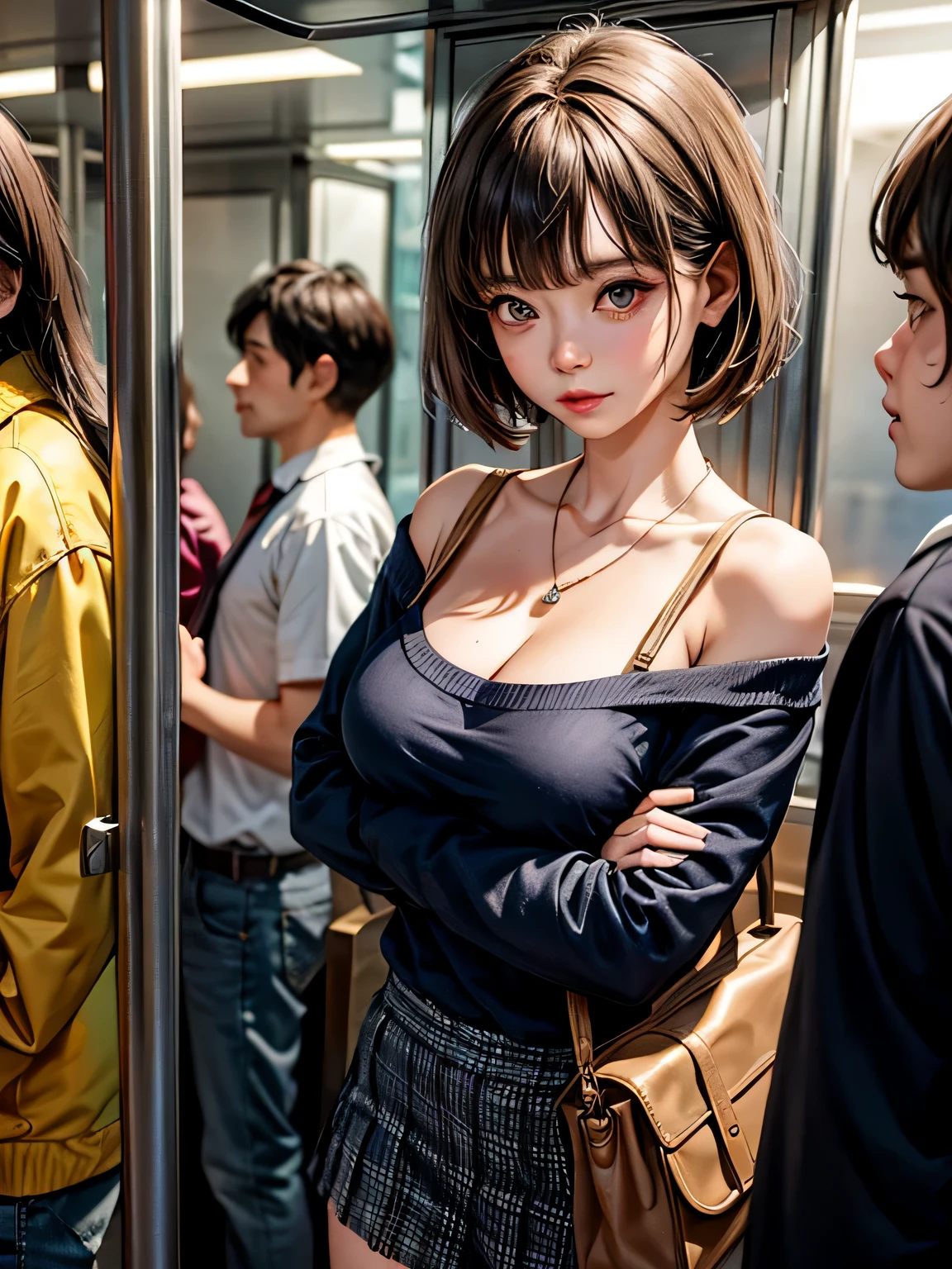 (masterpiece:1.3), (8K, realistic, Raw photo, highest quality: 1.4), (1 girl), beautiful face, (realistic face), (brown hair, you feel the skin、 short hair:1.3,With bangs), beautiful hairstyle, realistic eyes, fine and beautiful eyes, (realistic skin), beautiful skin、((navy miniskirt、off shoulder shirt、I have a black bag、beautiful necklace))、Breast flick、((medium breasts))、(in a crowded train)、From the side、full body、(look away)、I can see the whole body、(Are standing)、crossed arms、((chest hold))、18 year old beautiful girl、beautiful clavicle