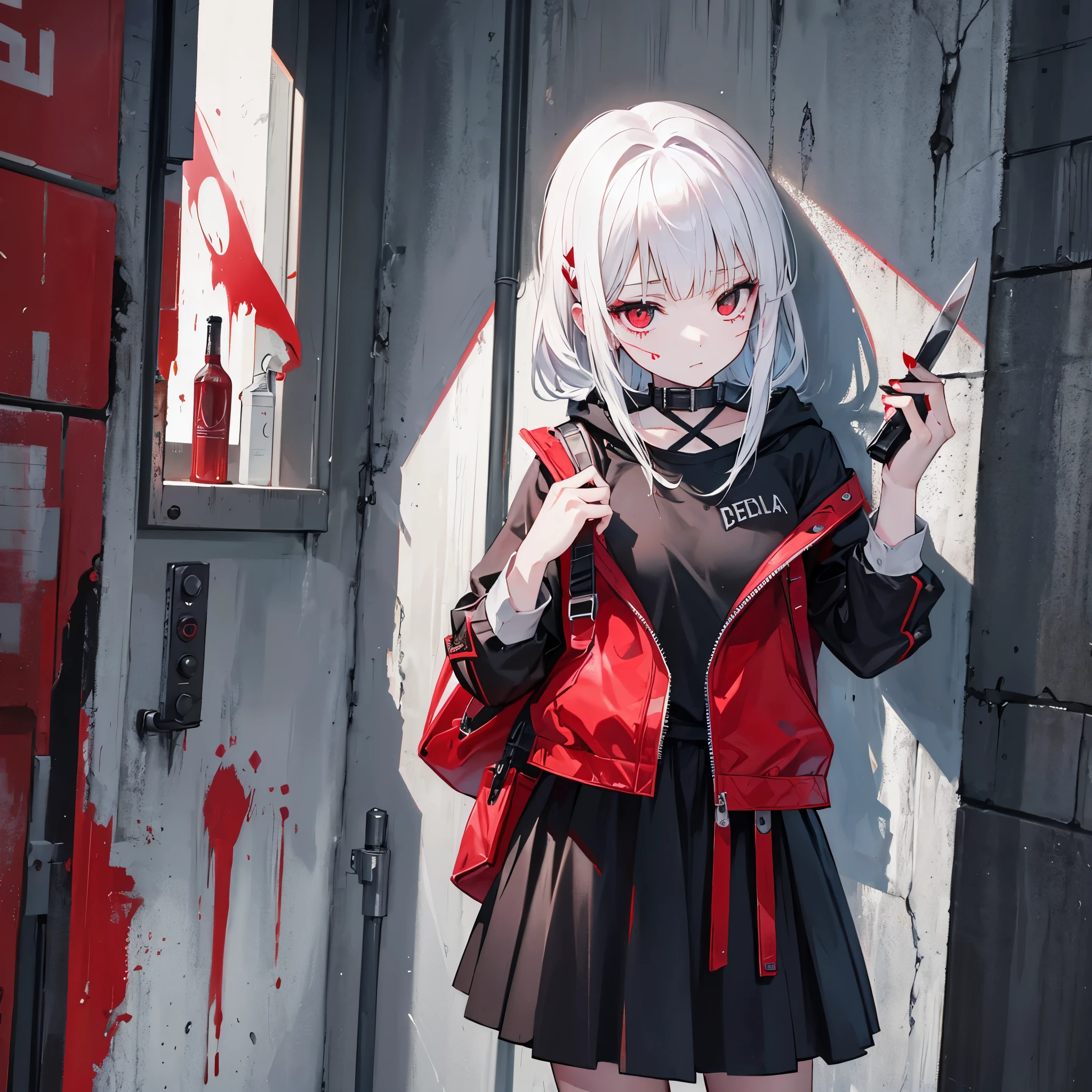 murderousness girl with a knife in her hand and on the wall there is written death in with blood
