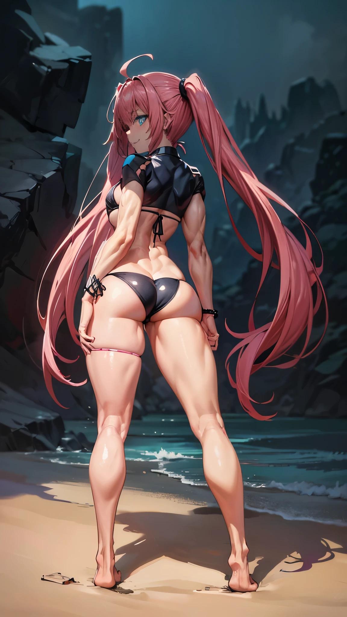 1 girl, (medium boobs))) (((big ass))), (smile), (((wearing short bikini))), (long pink hair), (((blue eyes))), (on the beach with hot sun), (slender), (thin waist), (butt only), legs (slim and muscular), muscular belly, barefoot, (evil look), (( (full body photo))), (standing ), showing ass to the audience, (full body shot), twintails, glowing eyes, eye reflection, Bad Mood, anime, Anime Style, ray tracing, glow, drop shadow, panorama, Sony FE, 8k, Ualta definition, artwork, Accurate, Anatomically Correct, super detail, Best quality, high resolution, high definition, 16k