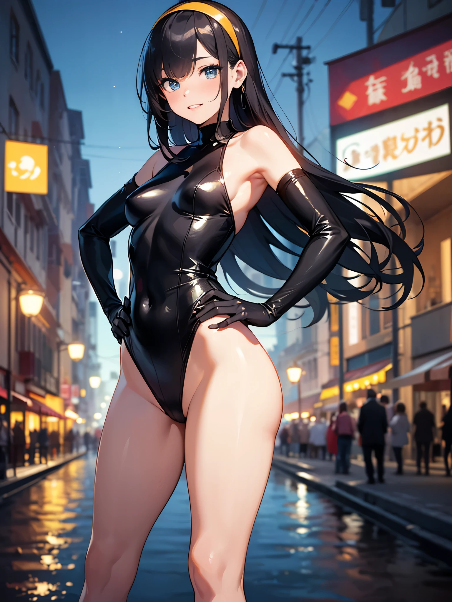 High resolution, Venice, Streets of Europe,((The long-haired:1.3)),(Black hair),Hair is straight,(Yellow headband:1.3),Detailed photos of beautiful women_Face, Young and handsome girl,Realistic:0.5, Perfect Skin, (hyper detailed background, Detailed background), (Very beautiful beautiful Japan woman),((small udder)),((skinny thigh)),Soft skin, High school students,Tall,Mature body,Nice big blue eyes, (High detail eyes),depth of fields),Soft light, Lens glows,looking at viewer, (drooping eyes:1.2), Straight teeth,Smile, Floating hair, Cinematic, fulcolor, 4K, 8K, professional colorgraded, Professional Photography, Soft and clear focus, Photorealistic illumination and shadowing, (Very delicate and beautiful art)1.3, Bokeh, Elegant,Effective angle,Vitality constitutes a breakthrough eyes beautiful eyes, Princess Eyes, (Big eyes:1.3), hair between eye, (slender:1.1), (thin waist: 1.15), (Detailed beautiful girl: 1.4), Parted Lip, Full makeup, (Shiny skin), ((Perfect female body)), Perfect Anatomy, Perfect proportions, Very cute and beautiful Japan actress face:1.3),,(blush:1.1), Gray background, solo focus, Cinematic Light, (Nostalgic night view:1.4), Vivid glow of neon, 1girl, medium breasts, leotard, bare legs, tight belt, boots, gloves, city backdrop, solo, single, hands on hip, standing, full body shot, cowboy shot, superhero, beautiful power,