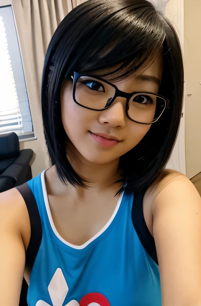 asian, gamer girl, nerdy, cute, taking a selfie, at home