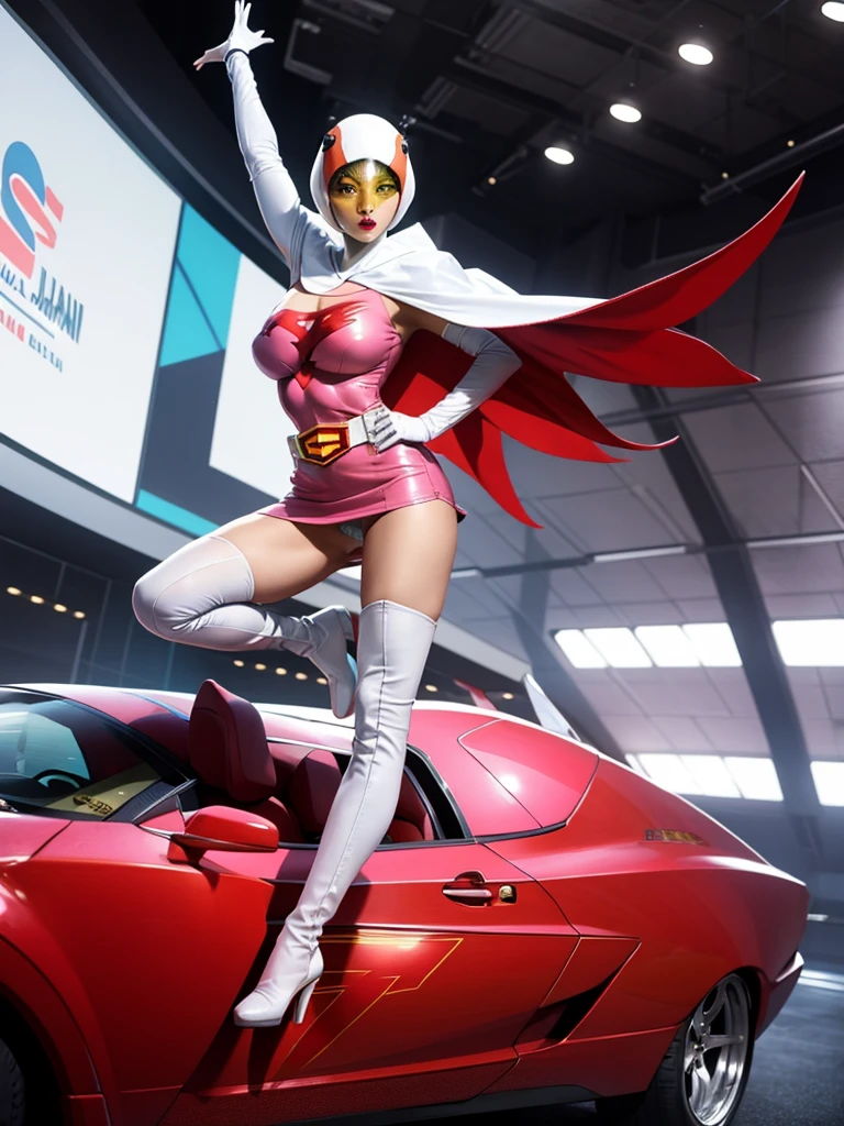 ANI_CLASSIC_jun_gatchaman_ownwaifu,1girl, ,good anatomy, masterpiece, best quality,realistic, hyperrealistic, 16k hdr, long hair,breasts,green eyes,lips,large breasts,lipstick,makeup,gloves,cape,helmet,belt,elbow gloves,white gloves,mask,ultra miniskirt,leotard,spacesuit,white tight overknee highheels boots,pink dress,superhero,bodysuit,cleavage,erected nipples,(sexy pose,front view),(spread legs:1.1),cameltoe