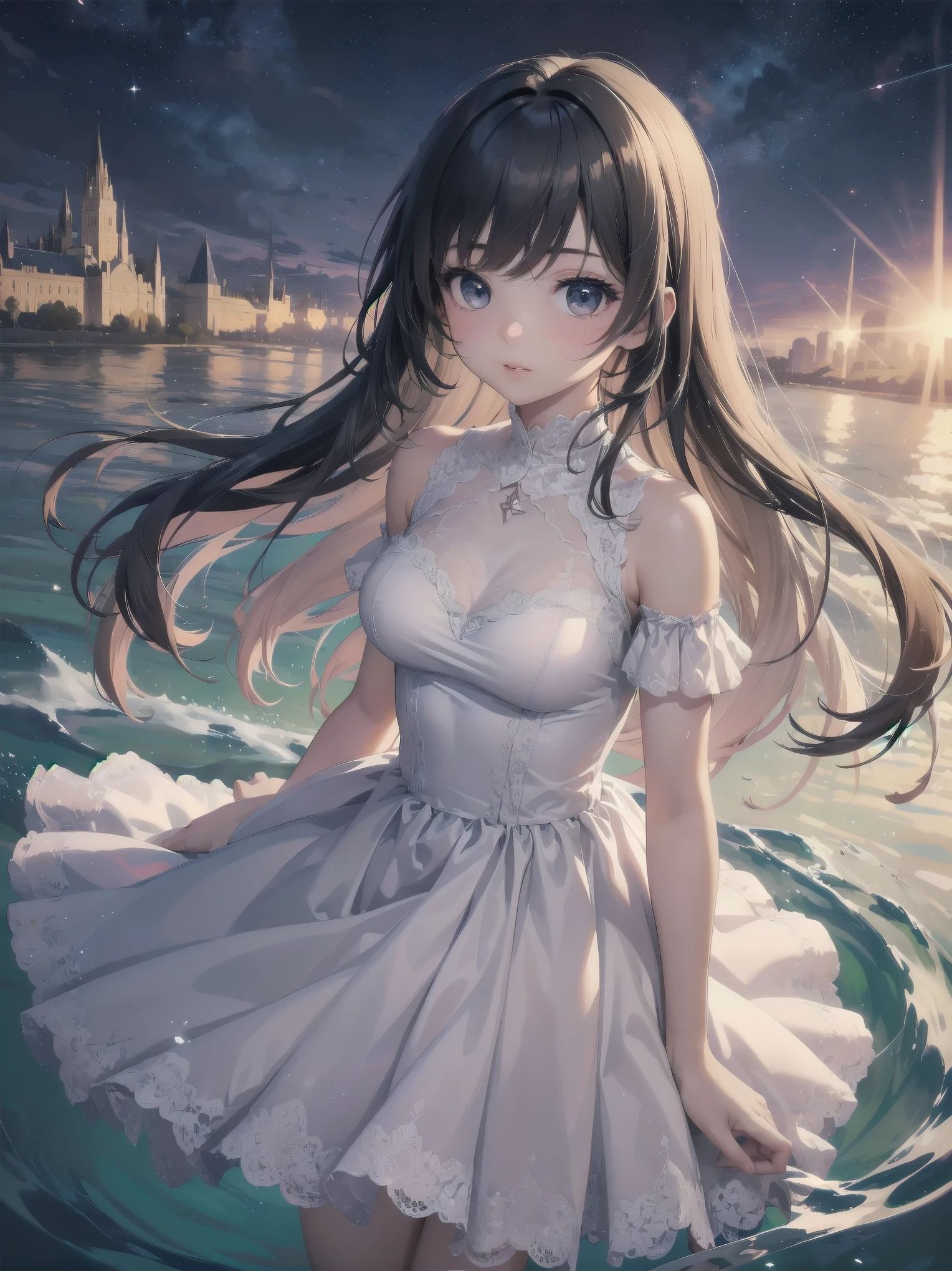 On the banks of a crystal clear river in heaven, a young girl gazes upon a fantastic scene. Her dress, with its extremely delicately crafted ruffles and lace, is both pristine and dreamlike. The dress is adorned with fluorescent light particles that twinkle like stars in the night sky. The surface of the river reflects the colorful glowing steam, further accentuating the fantastic beauty of heaven. The girl is entranced by this miraculous scene and gazes at it as if the moment will be etched in her memory forever.