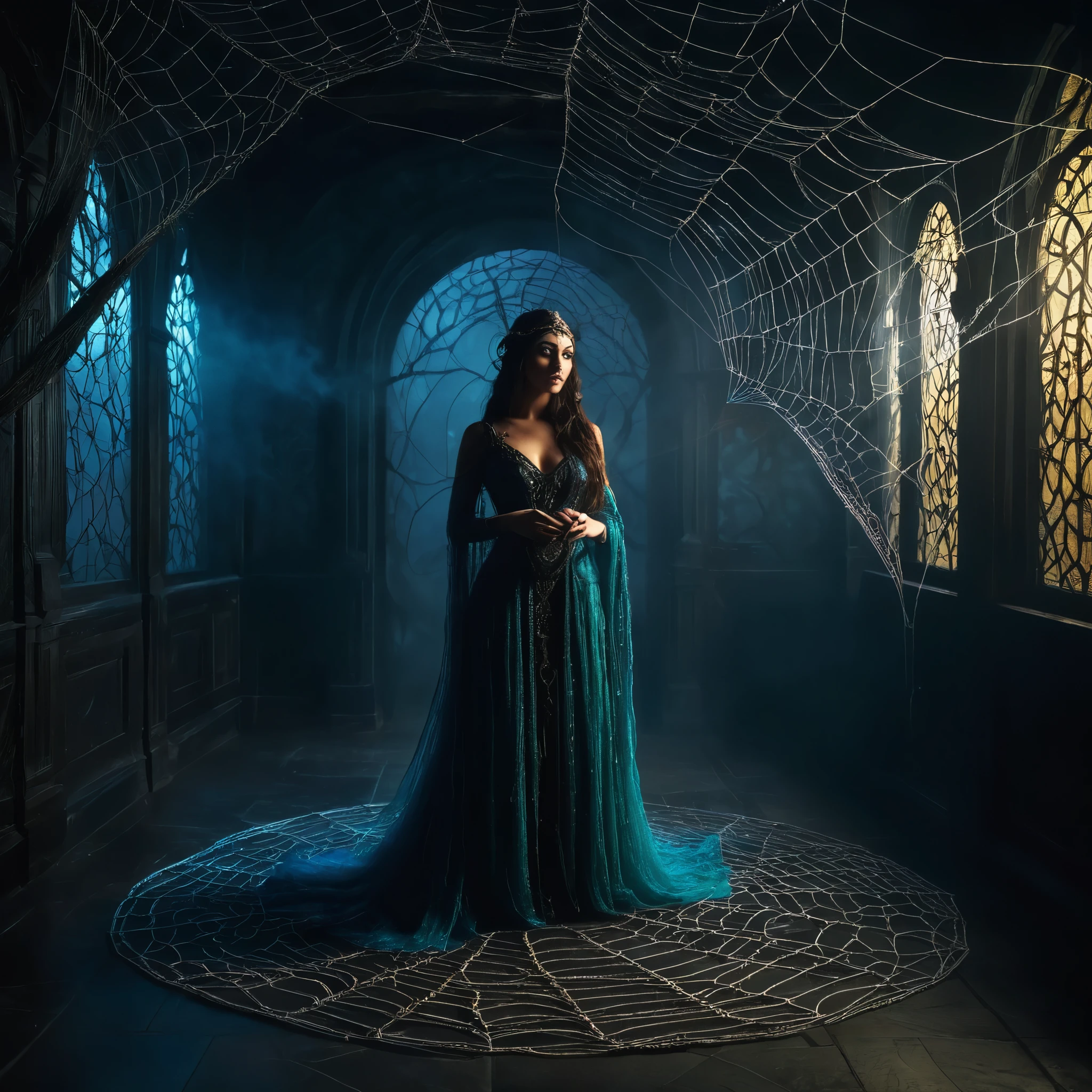 A mysterious enchantress casting spells in a dimly lit chamber, her incantations weaving a web of desire and intrigue.