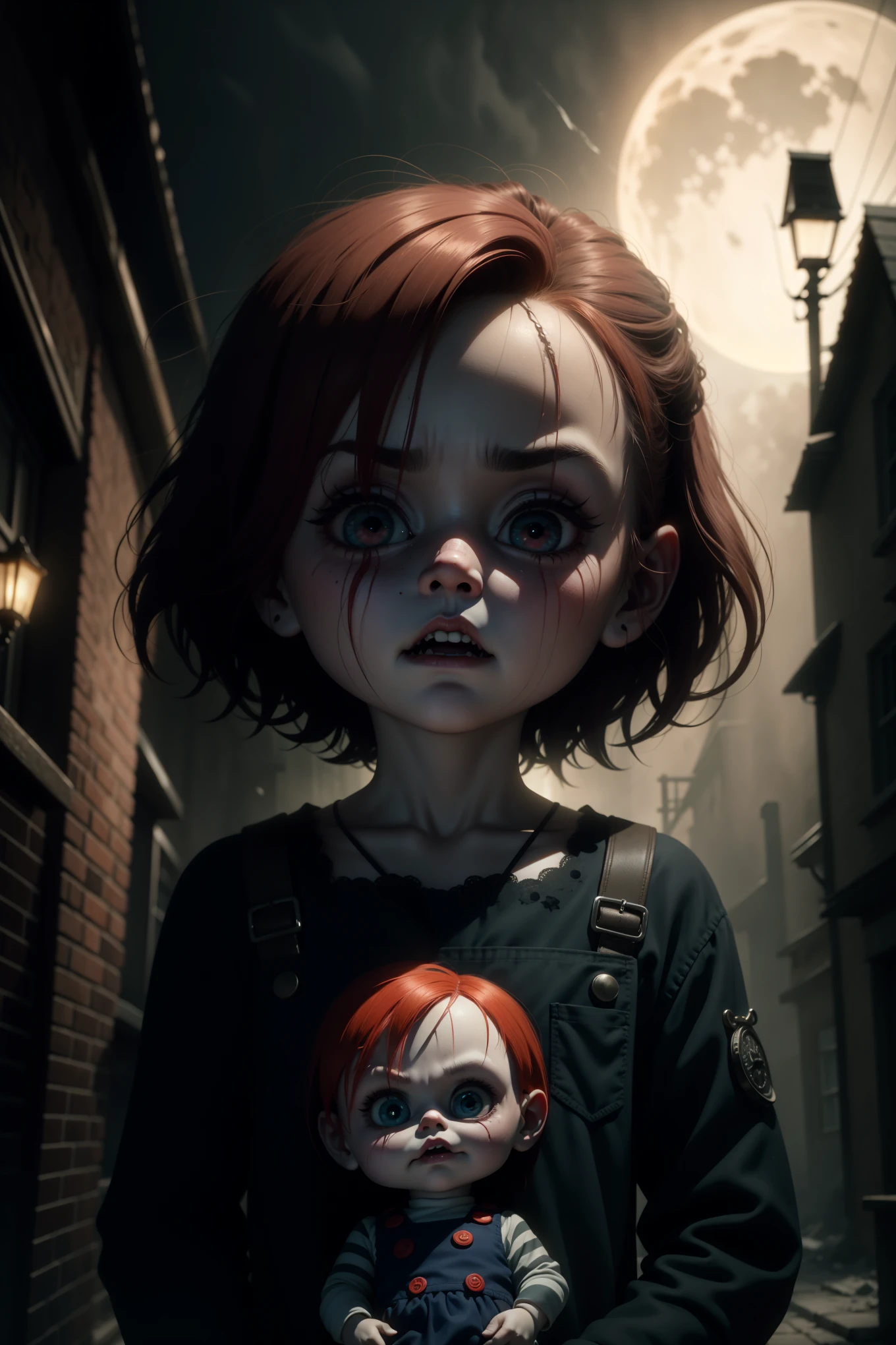 Title: Chucky's Enigmatic Night Stroll - A Tim Burtonesque Illustration

Basking in the ethereal moon glow, Chucky, the notorious doll, emerges from the shadows of an eerie, fog-laden street. His creeping presence is a testament to Tim Burton's signature style, where the grotesque and enchanting come together in perfect harmony. defeating their enemies.

The once-adorable porcelain face of Chucky has been marred by time, revealing cracks and fissures that give the doll an ominous, yet oddly endearing, charm. His distorted, oversized eyes, hollow